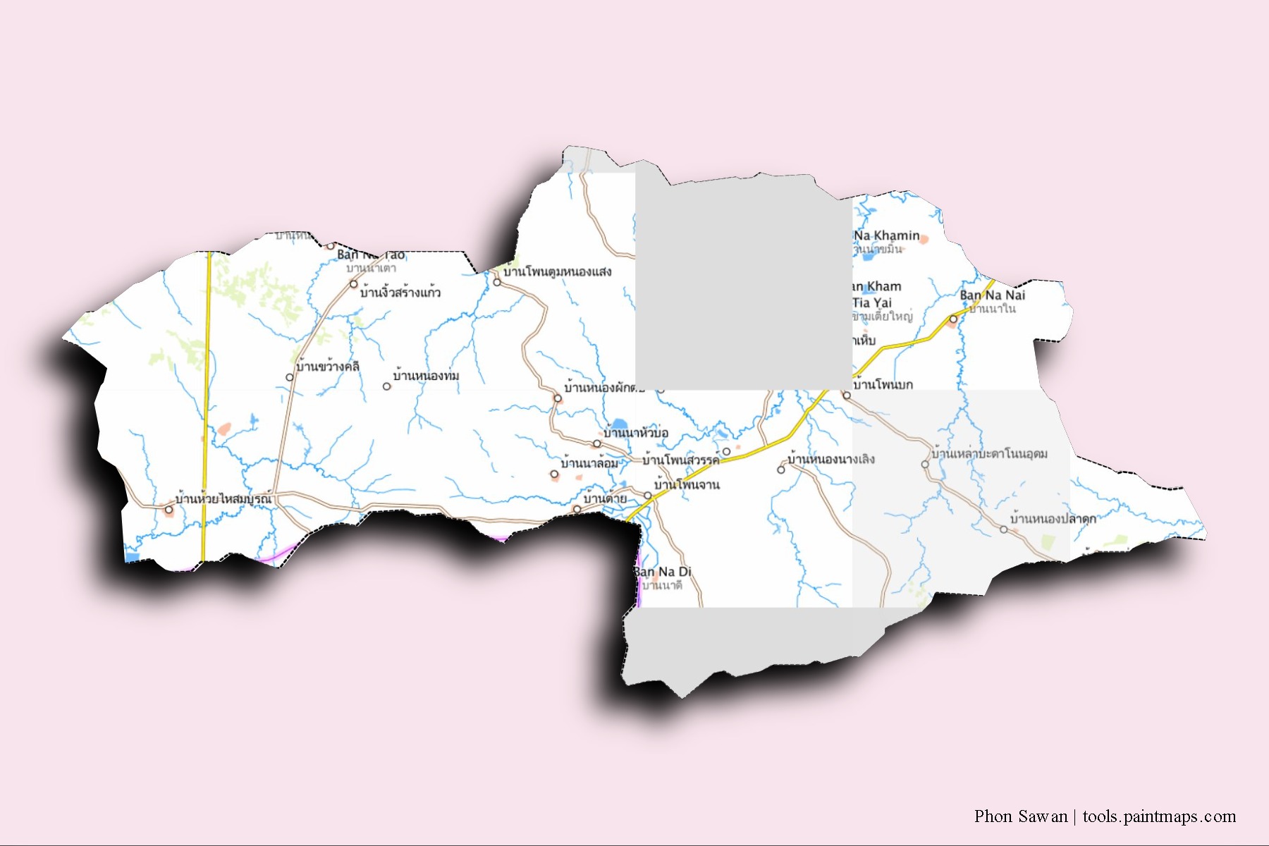 Mapa de barrios y pueblos de Phon Sawan con efecto de sombra 3D