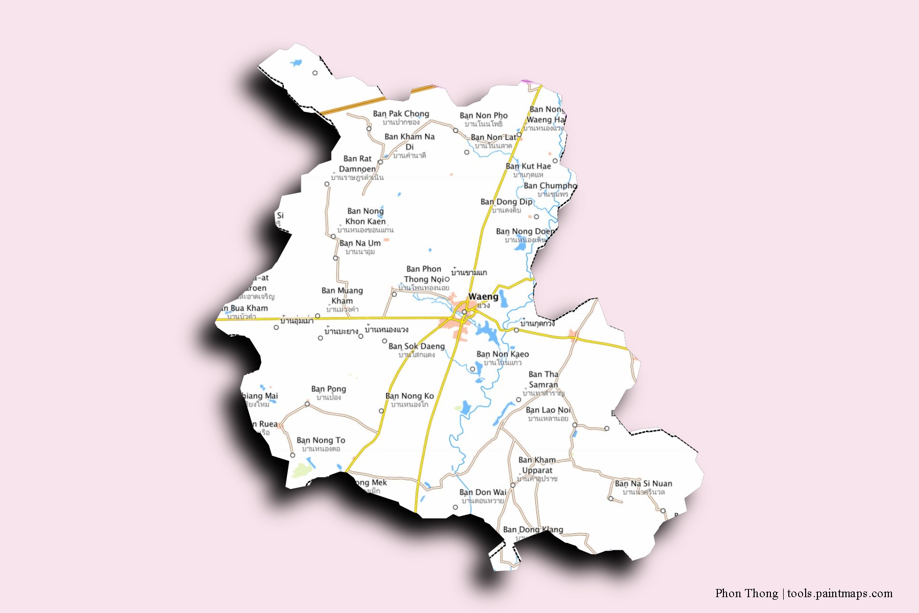 Mapa de barrios y pueblos de Phon Thong con efecto de sombra 3D