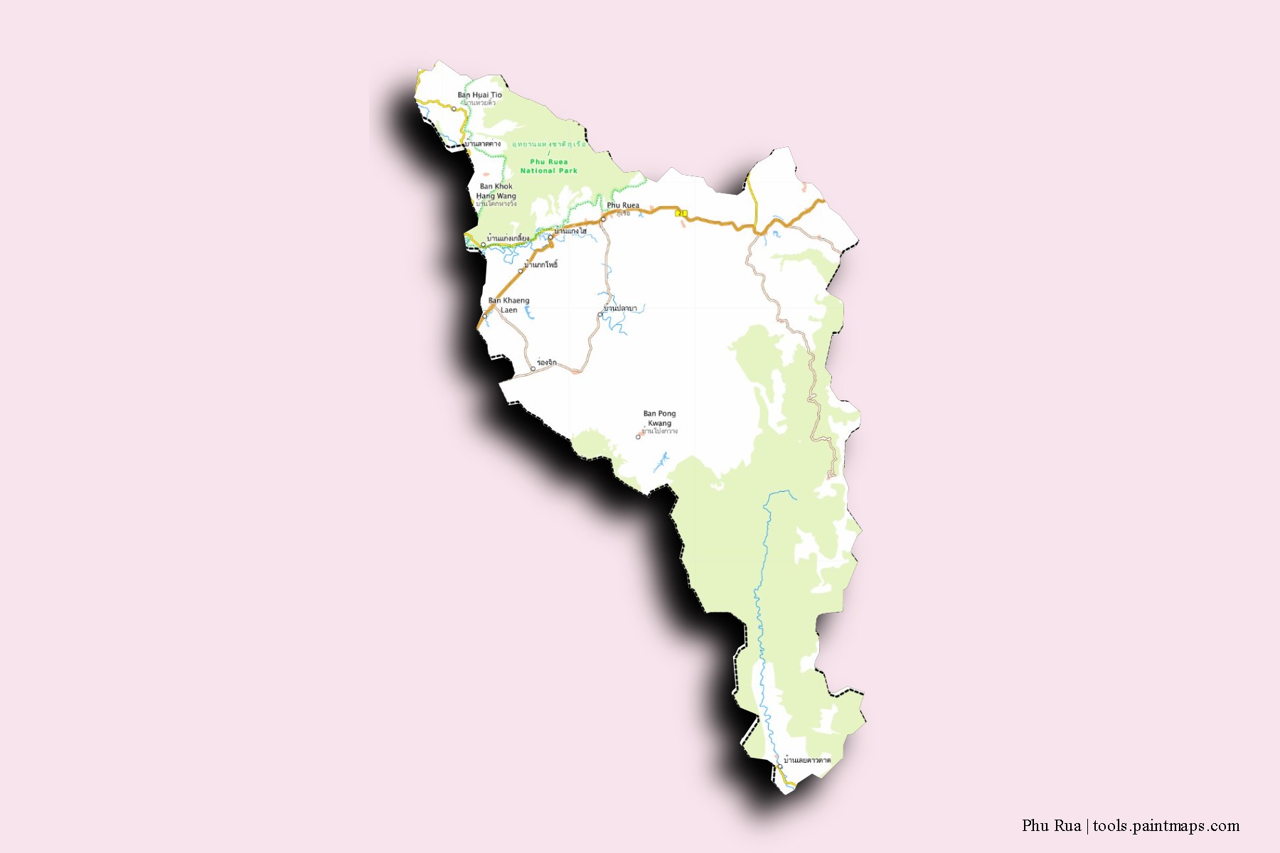 Mapa de barrios y pueblos de Phu Rua con efecto de sombra 3D