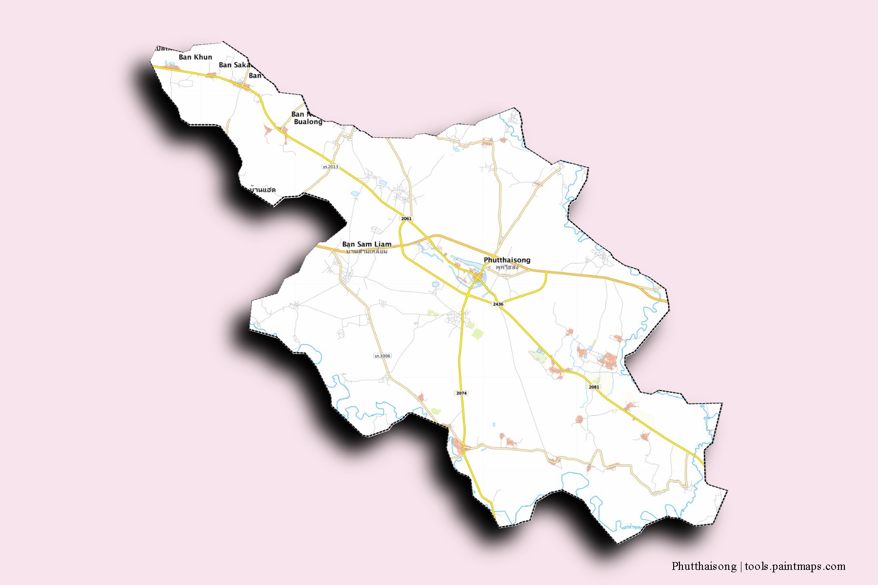 Mapa de barrios y pueblos de Phutthaisong con efecto de sombra 3D