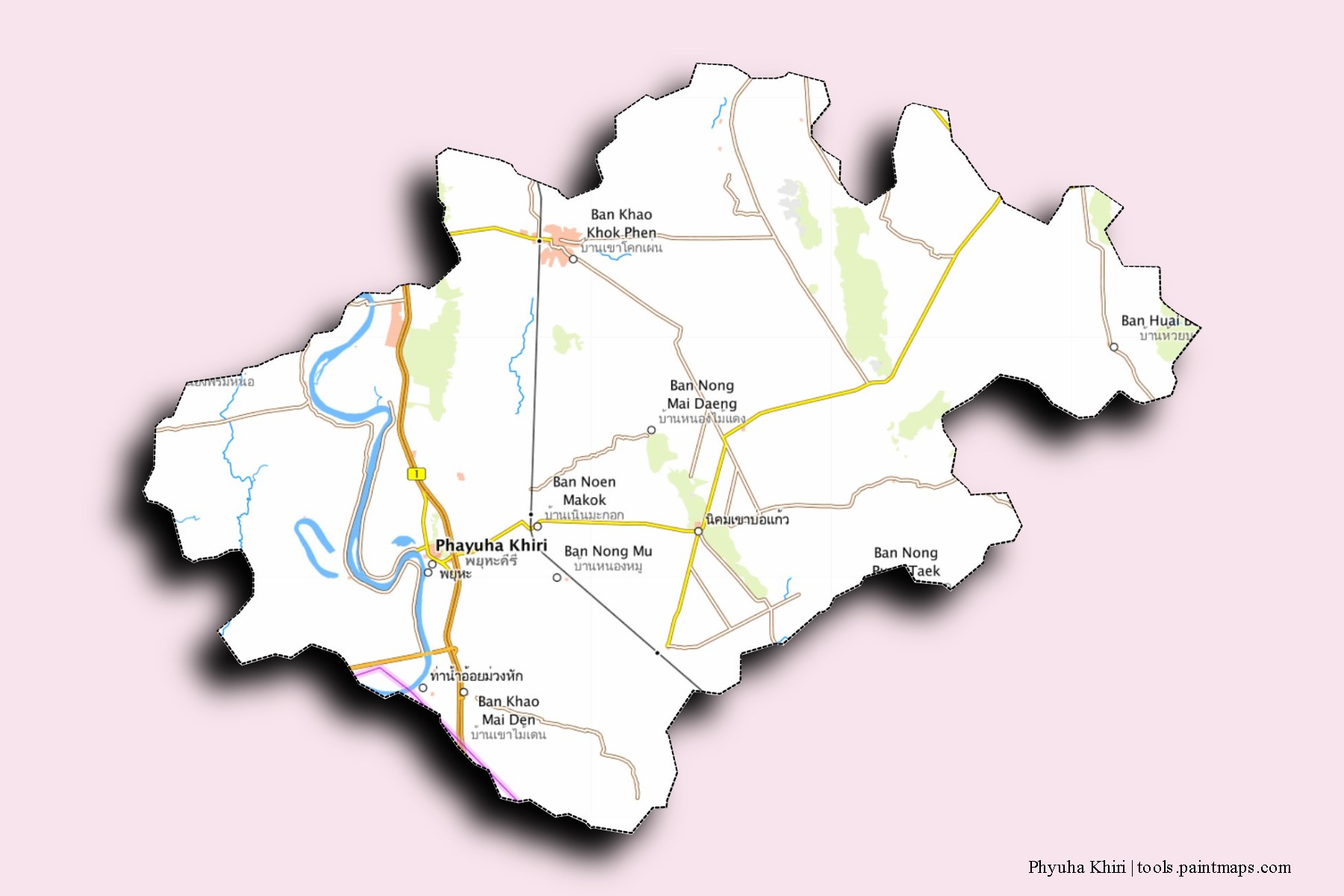 Phayuha Khiri neighborhoods and villages map with 3D shadow effect