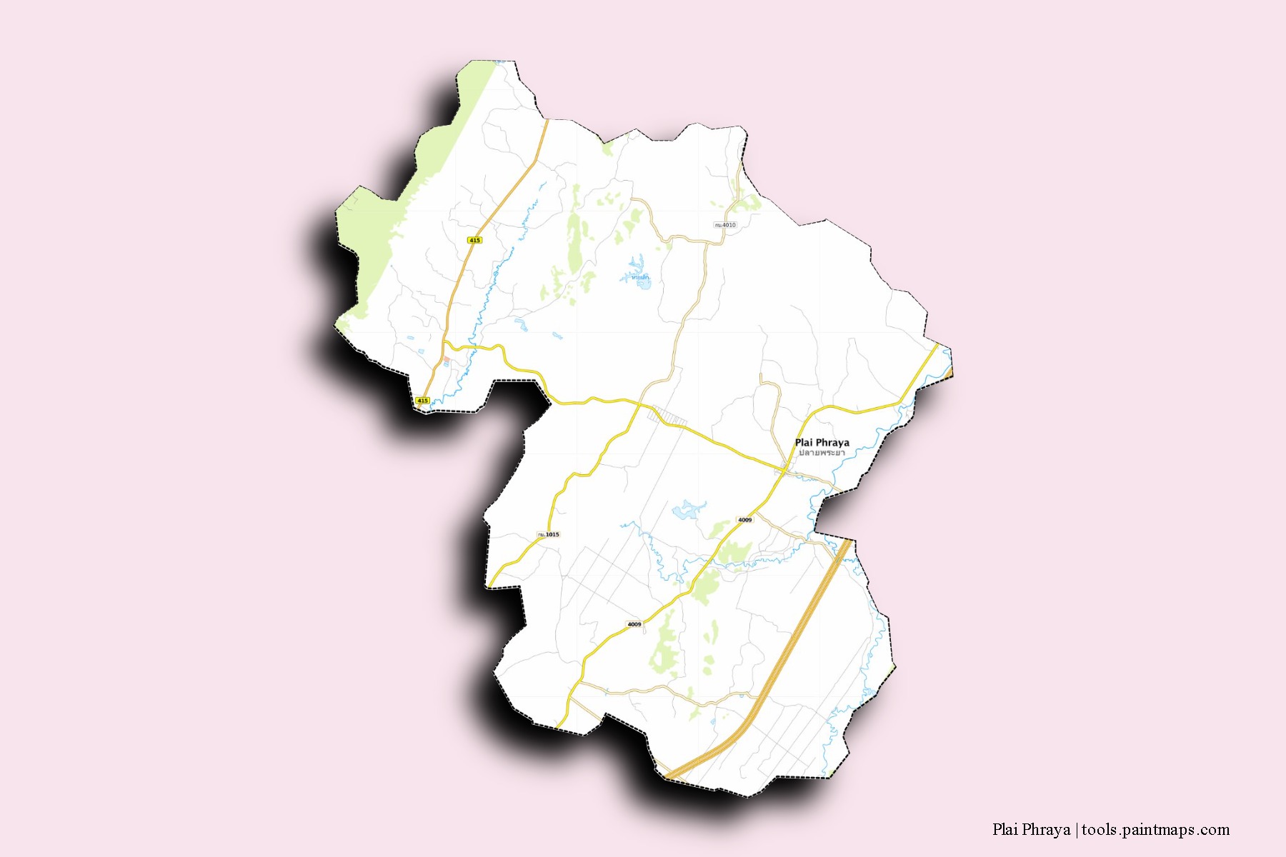 Mapa de barrios y pueblos de Plai Phraya con efecto de sombra 3D