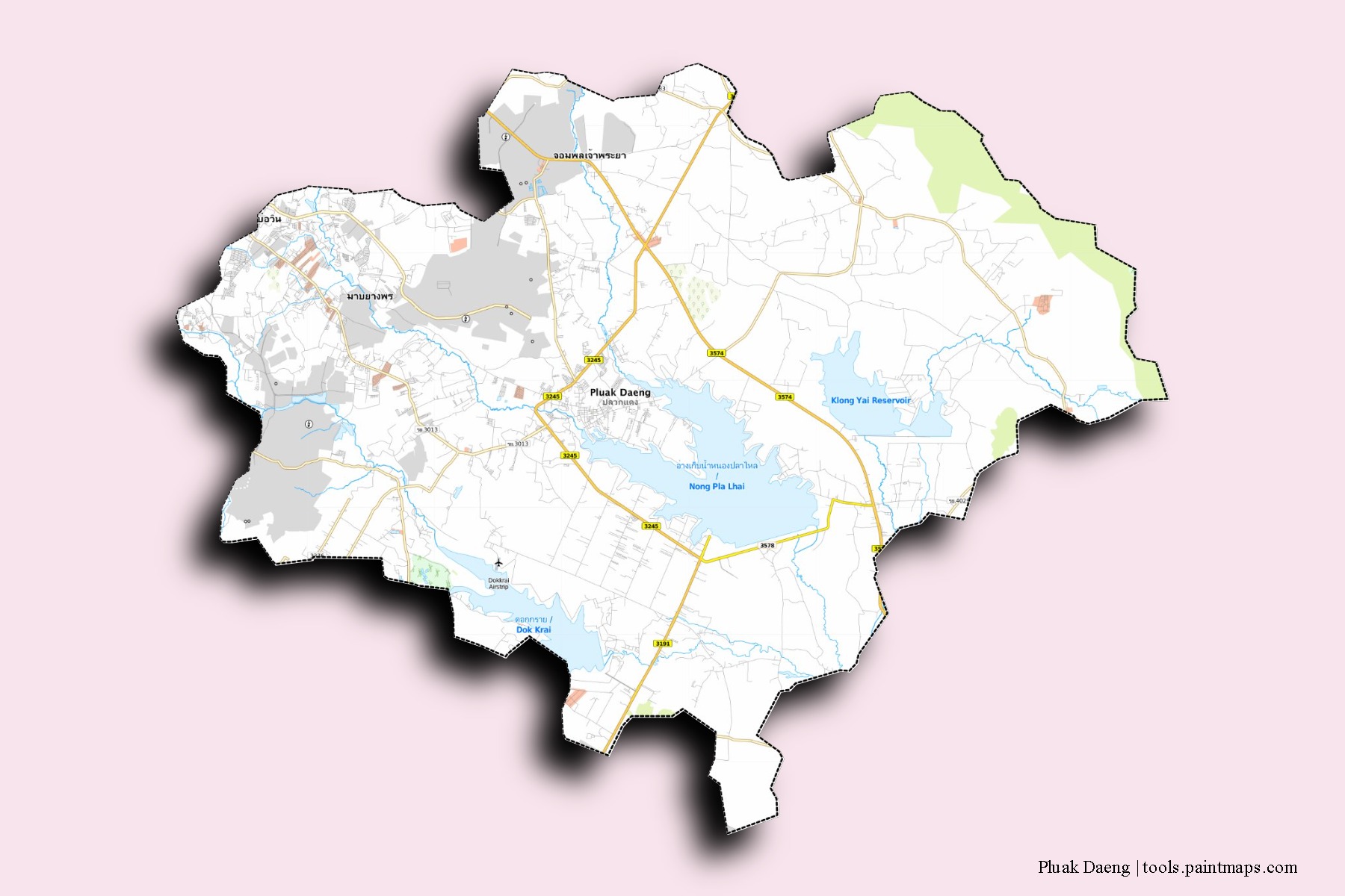 3D gölge efektli Pluak Daeng mahalleleri ve köyleri haritası