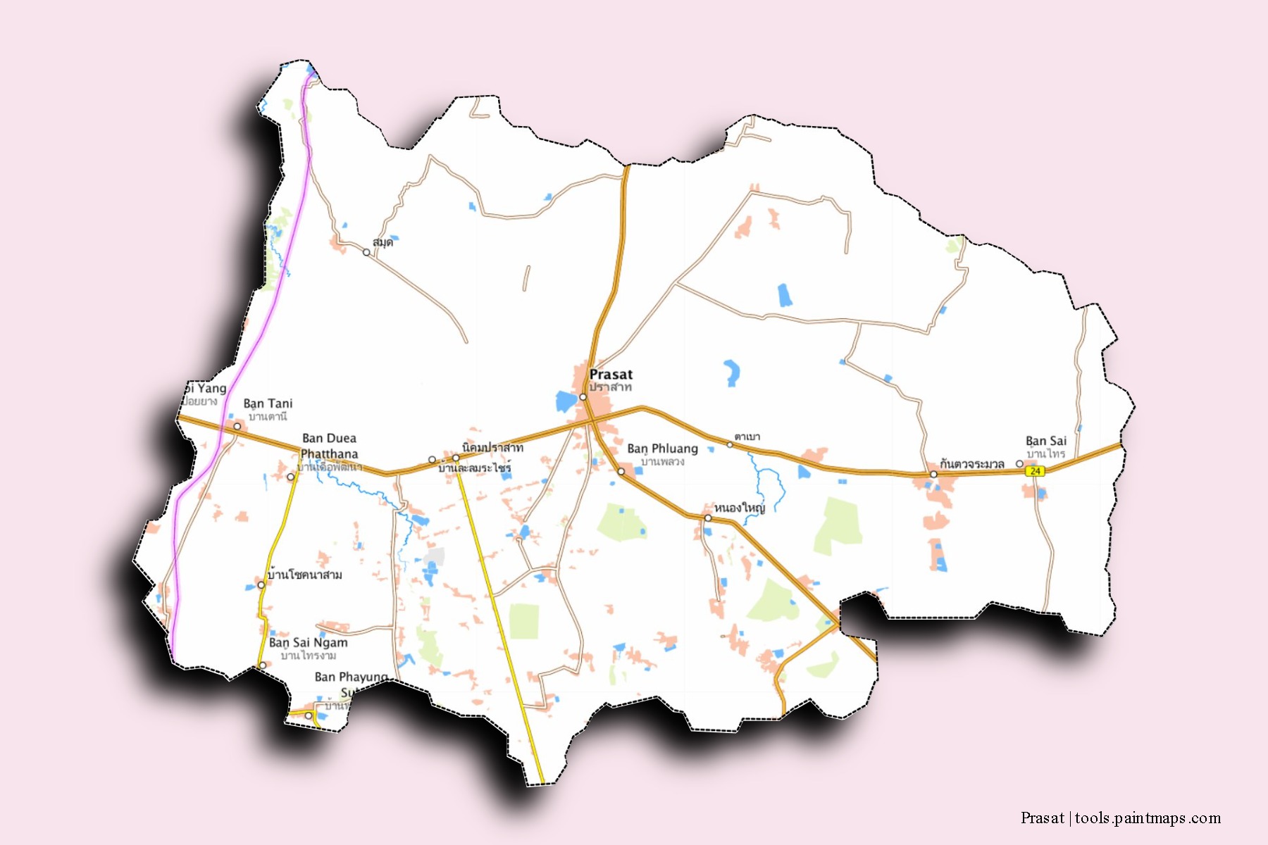 Mapa de barrios y pueblos de Prasat con efecto de sombra 3D