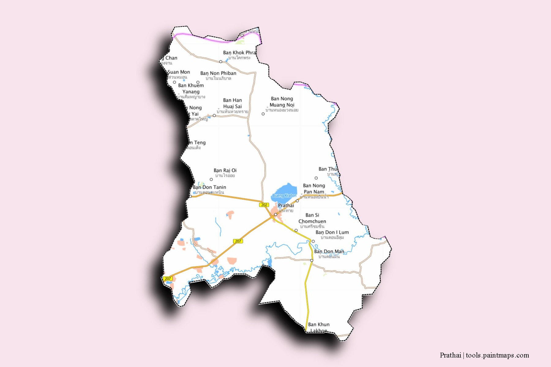 Mapa de barrios y pueblos de Prathai con efecto de sombra 3D