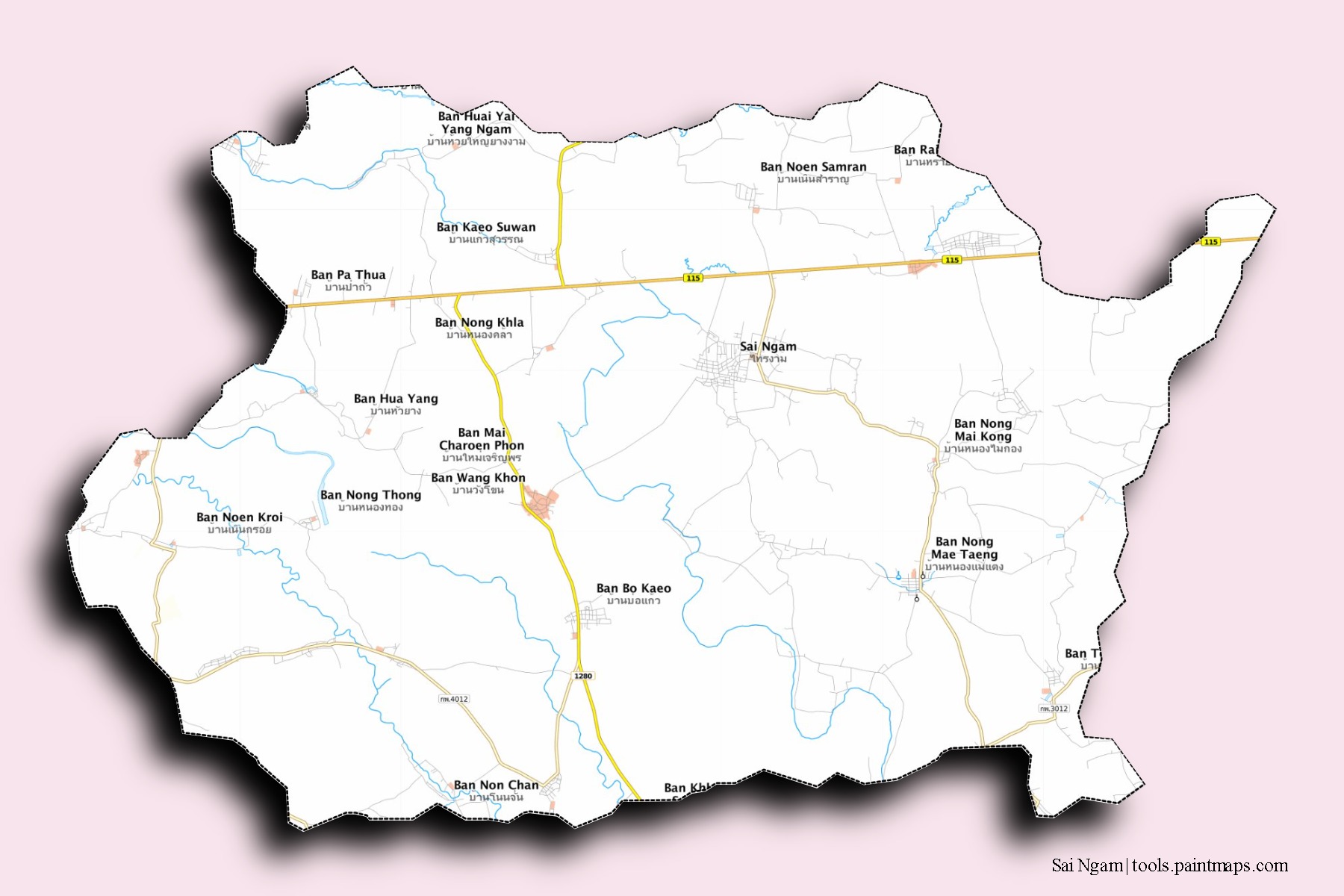 Sai Ngam neighborhoods and villages map with 3D shadow effect