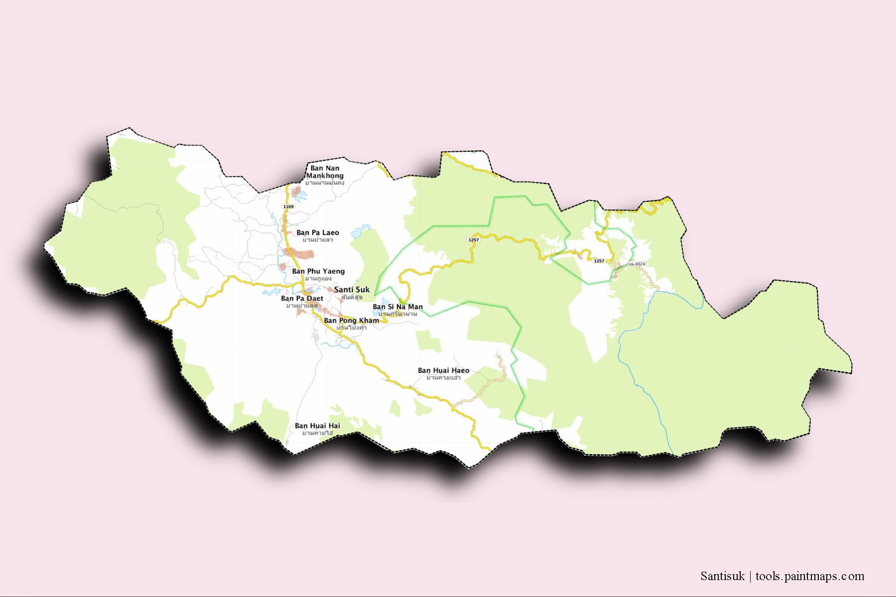 Santi Suk neighborhoods and villages map with 3D shadow effect