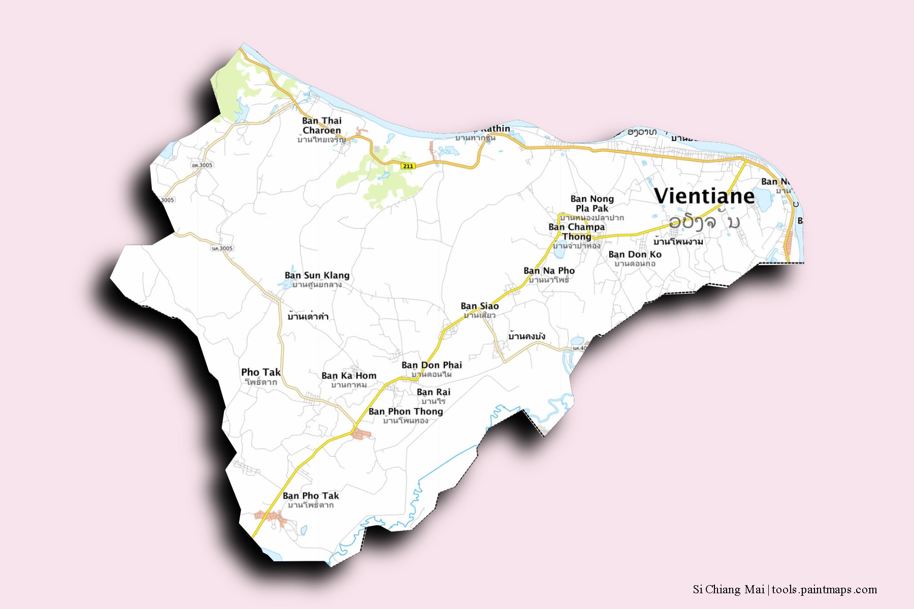 Mapa de barrios y pueblos de Si Chiang Mai con efecto de sombra 3D