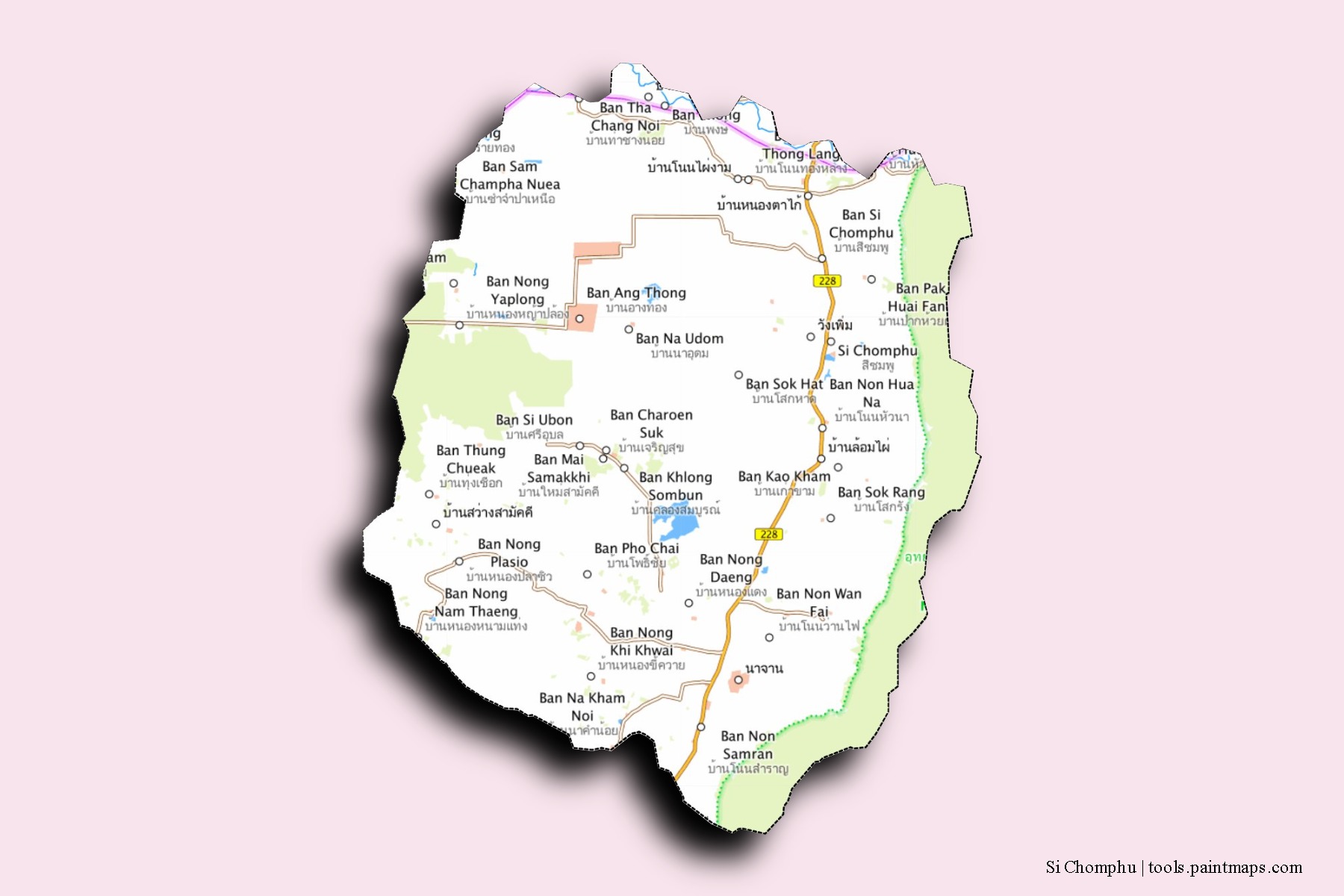 Mapa de barrios y pueblos de Si Chomphu con efecto de sombra 3D