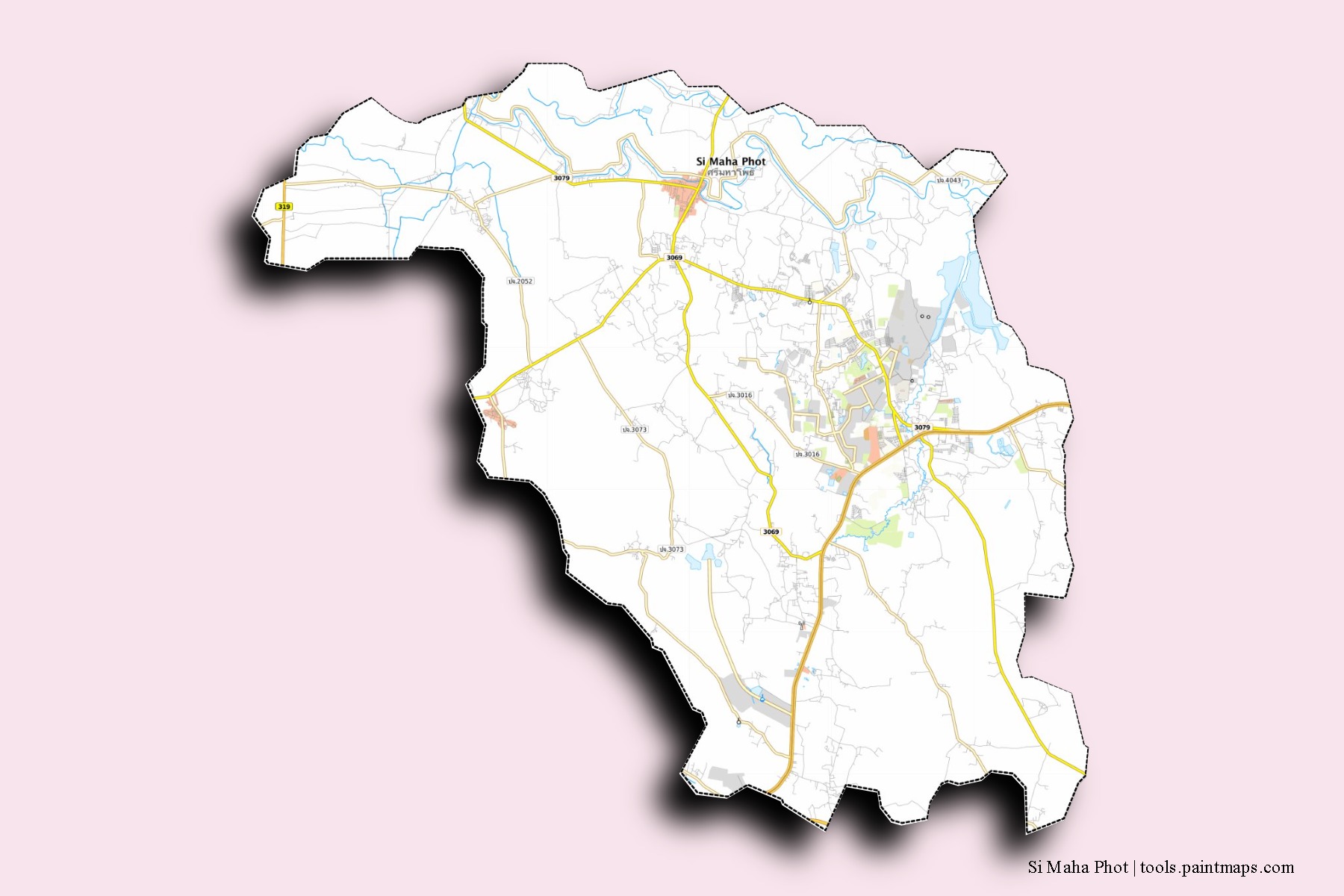 Si Maha Phot neighborhoods and villages map with 3D shadow effect