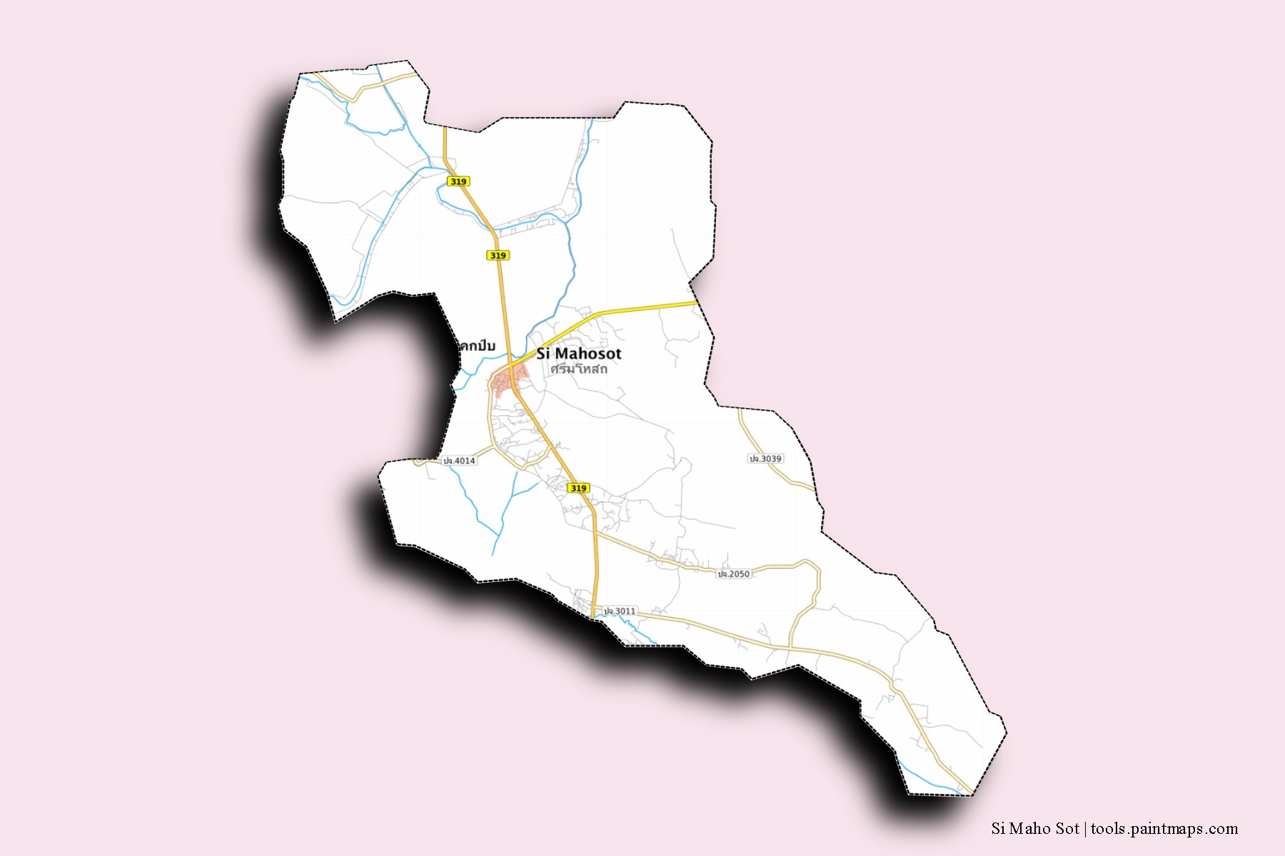 Mapa de barrios y pueblos de Si Maho Sot con efecto de sombra 3D