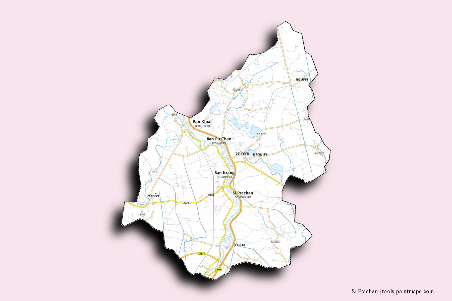 Si Prachan neighborhoods and villages map with 3D shadow effect