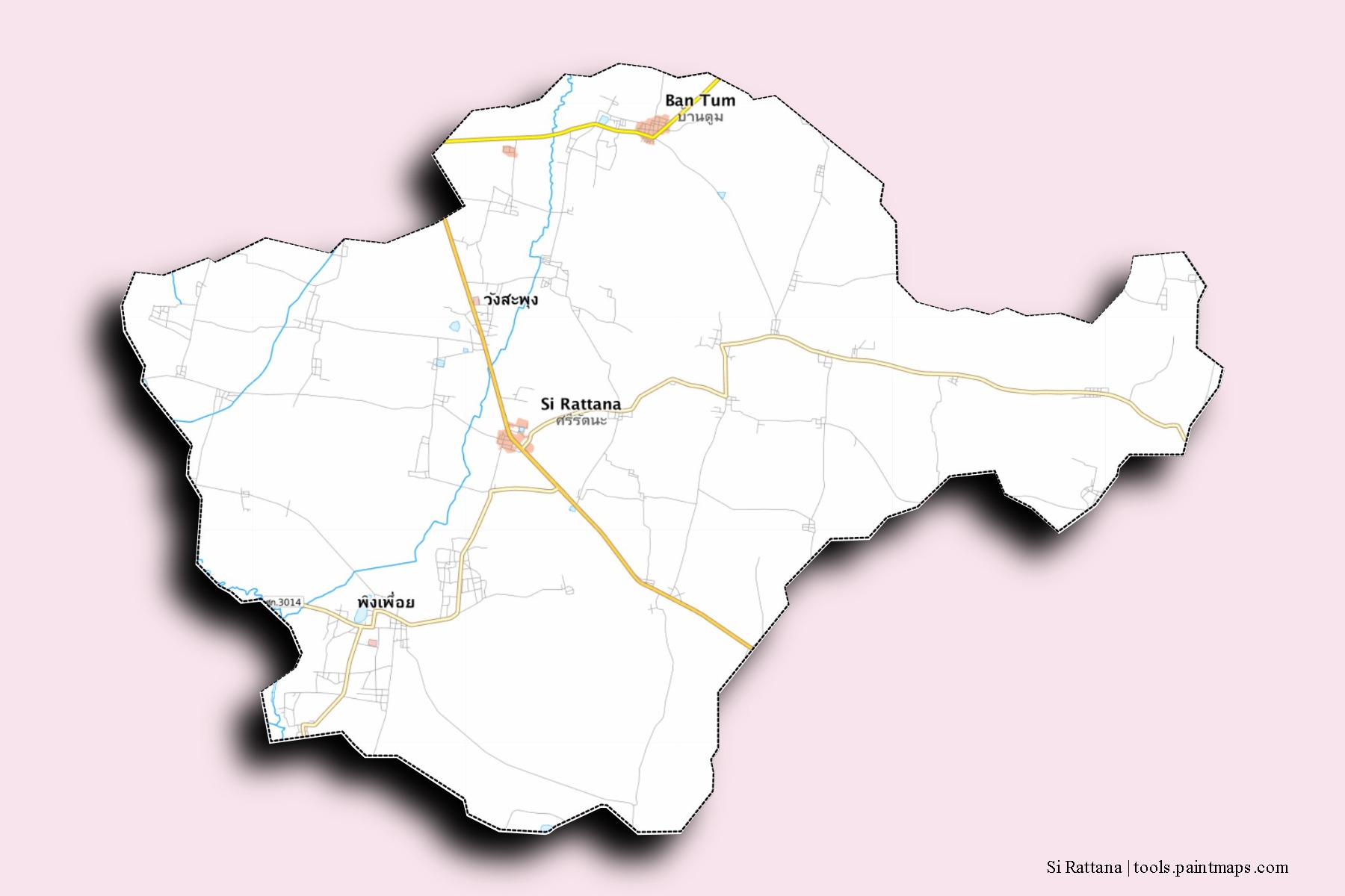 Si Rattana neighborhoods and villages map with 3D shadow effect