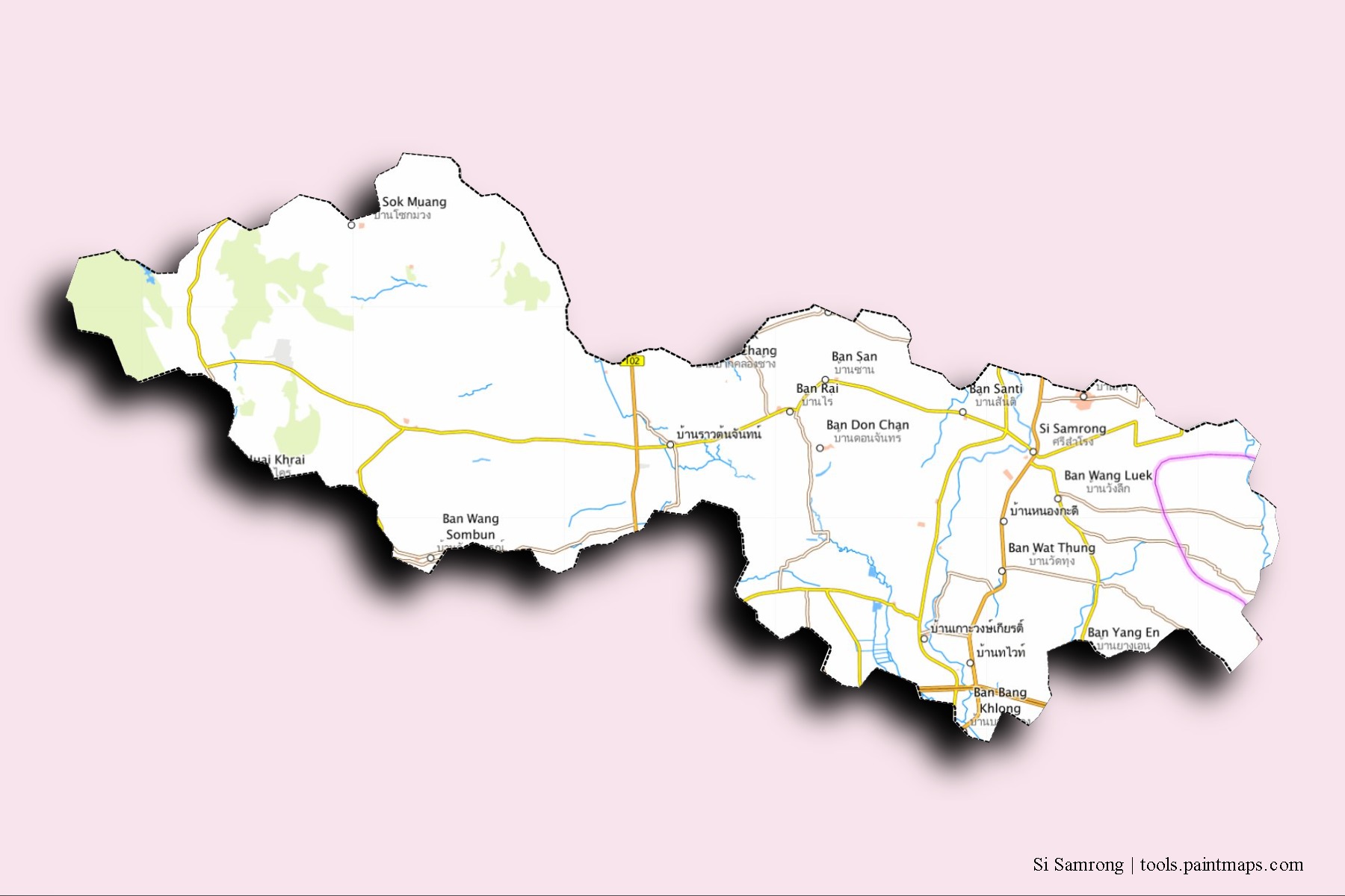 Si Samrong neighborhoods and villages map with 3D shadow effect