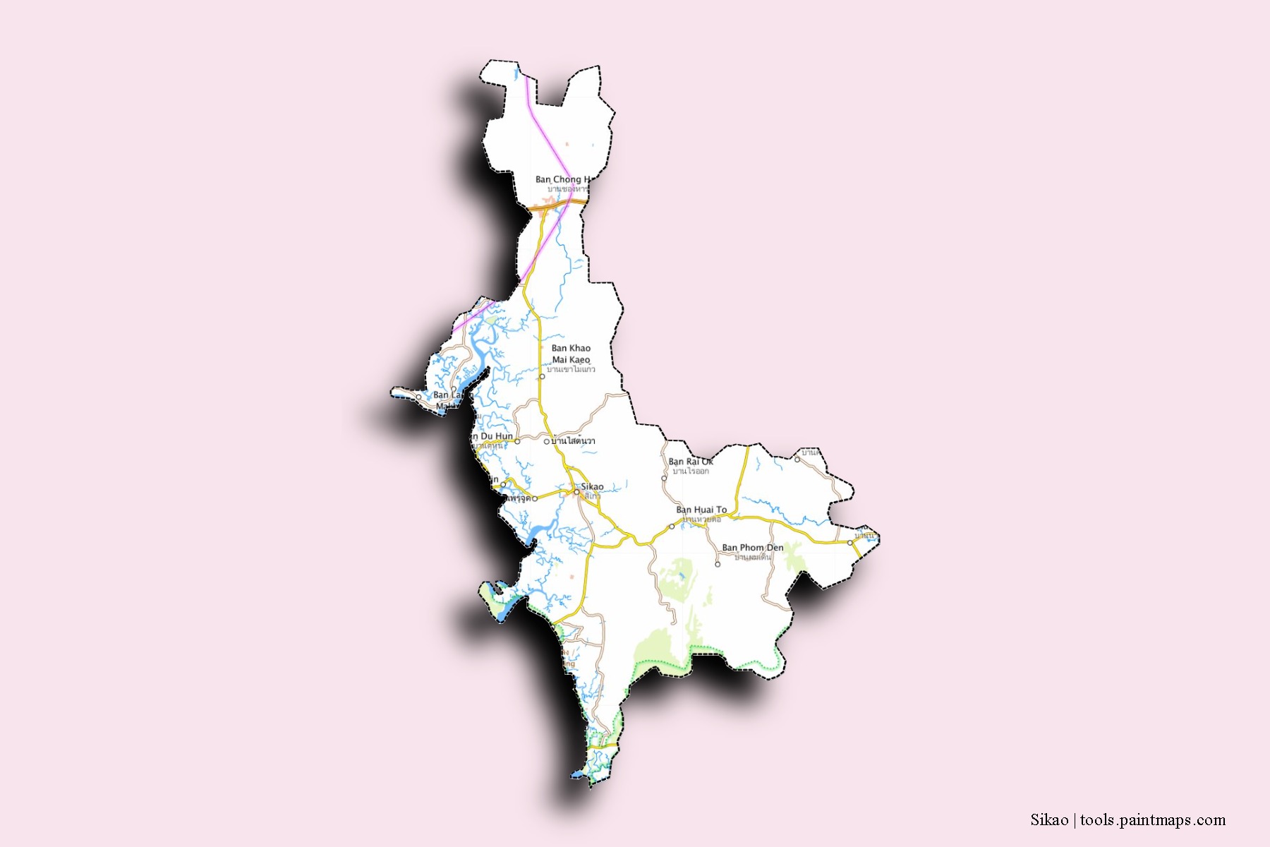 Mapa de barrios y pueblos de Sikao con efecto de sombra 3D