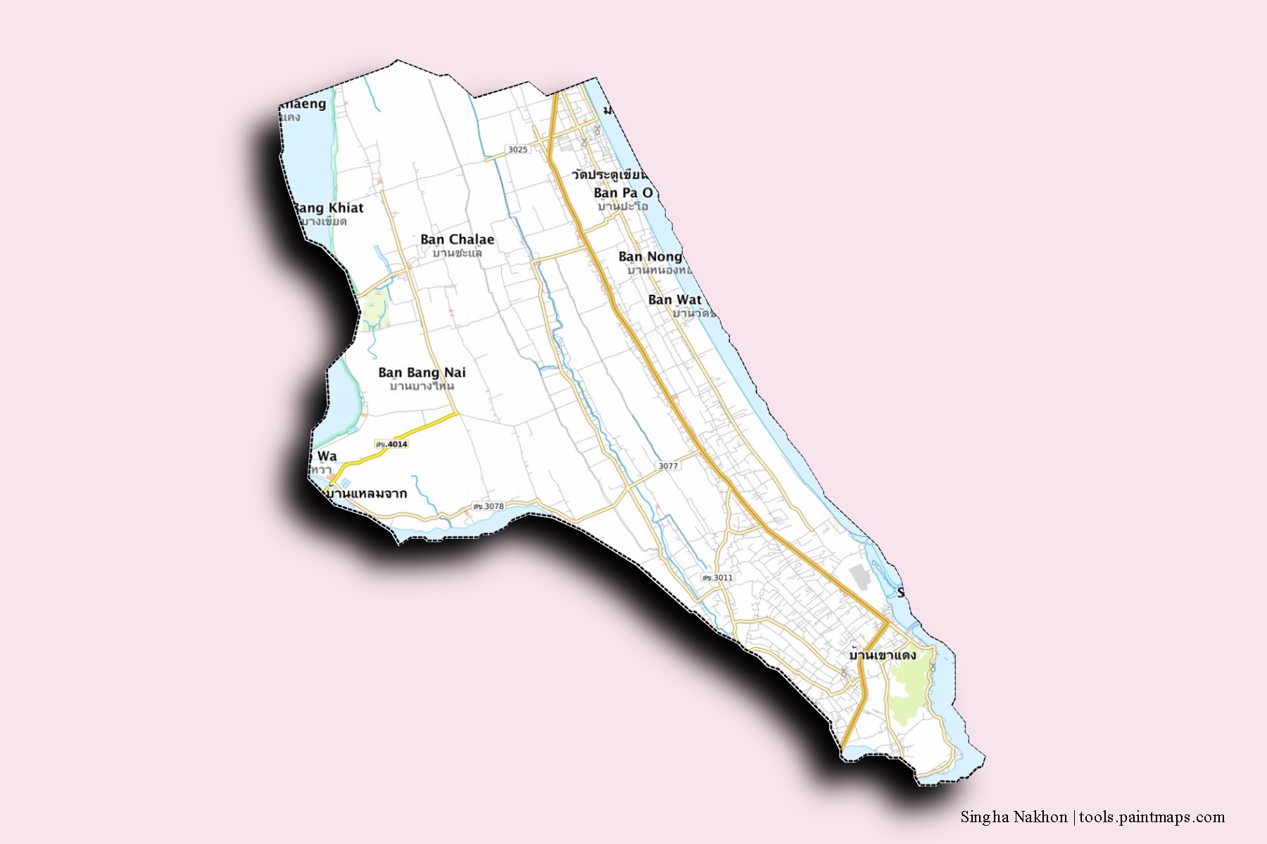 Mapa de barrios y pueblos de Singha Nakhon con efecto de sombra 3D