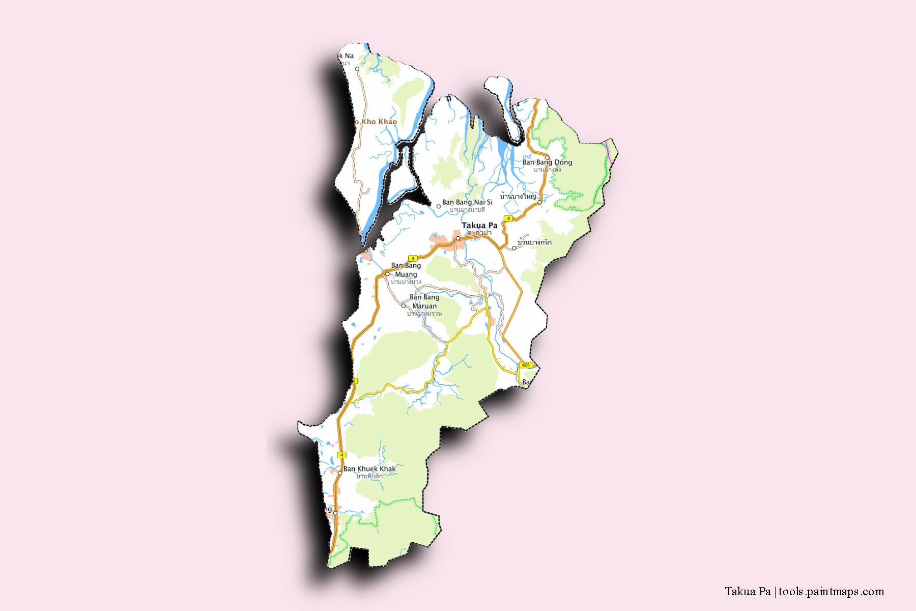 Mapa de barrios y pueblos de Takua Pa con efecto de sombra 3D