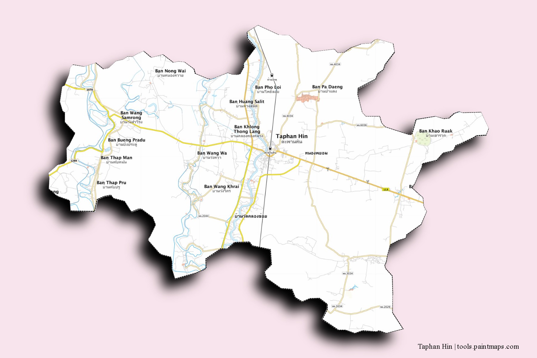 Mapa de barrios y pueblos de Taphan Hin con efecto de sombra 3D