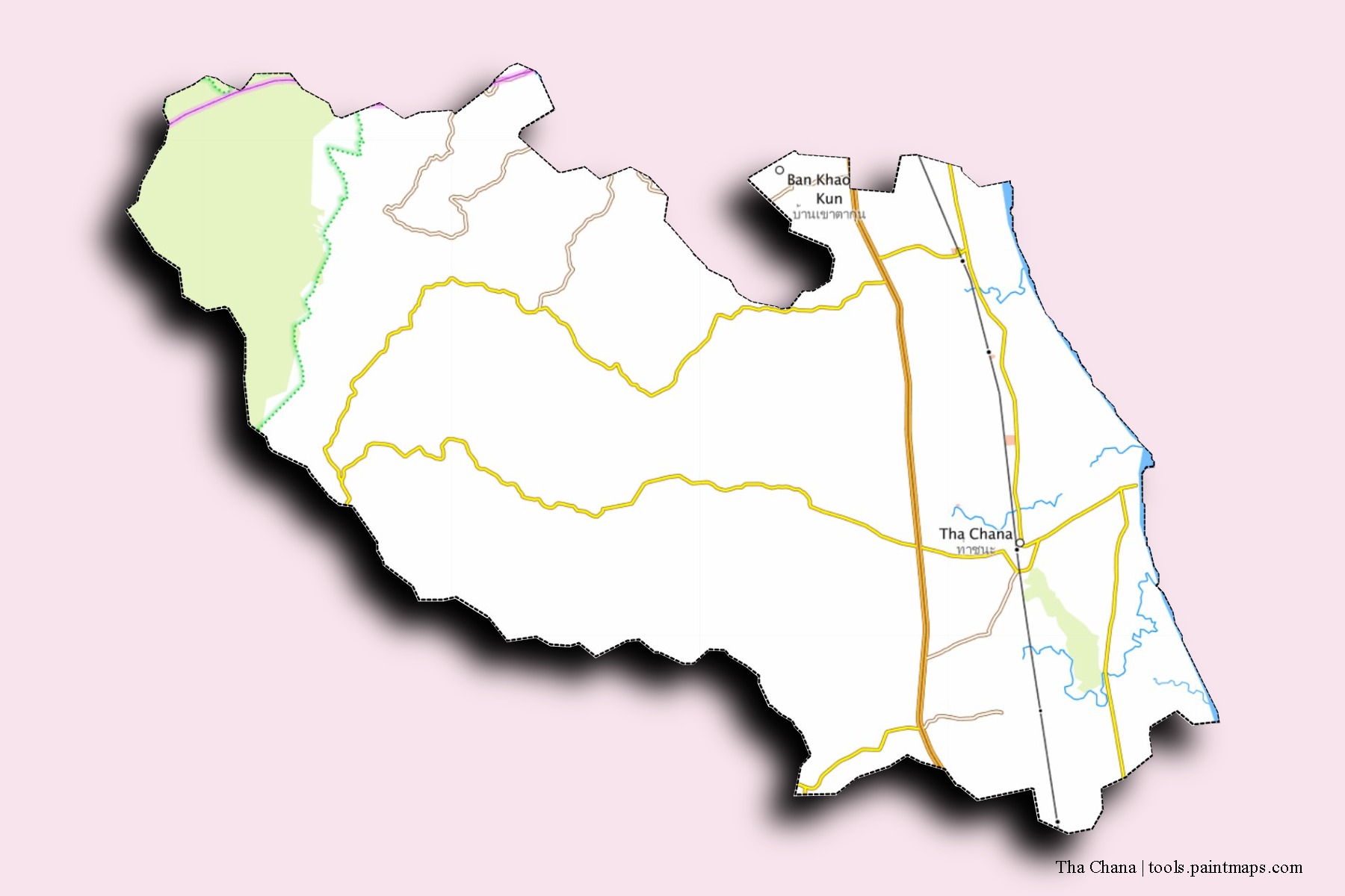 Tha Chana neighborhoods and villages map with 3D shadow effect