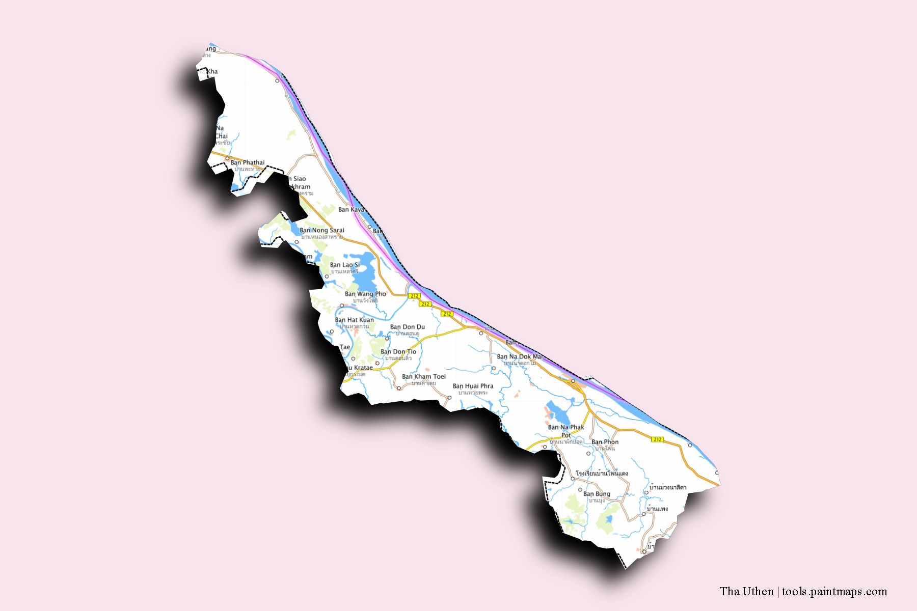 Tha Uthen neighborhoods and villages map with 3D shadow effect