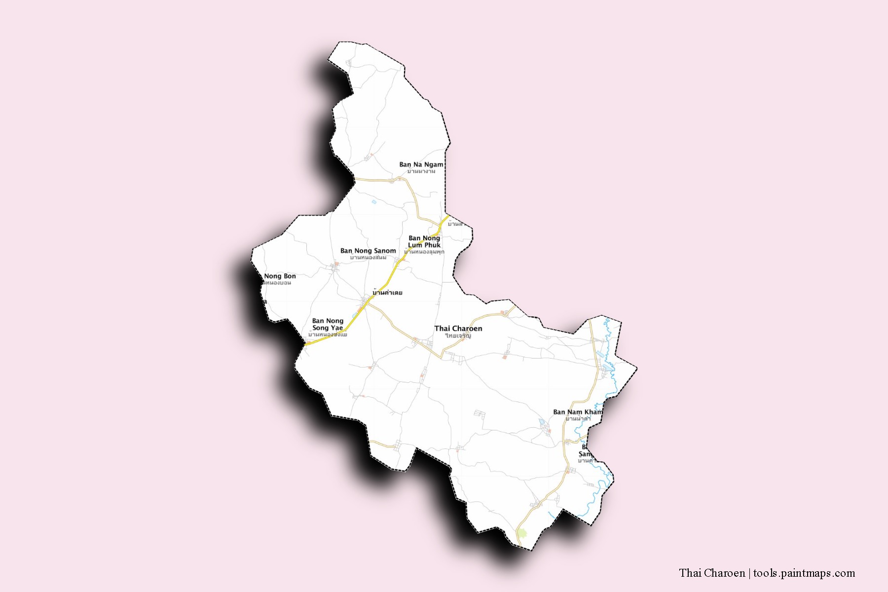 Mapa de barrios y pueblos de Thai Charoen con efecto de sombra 3D