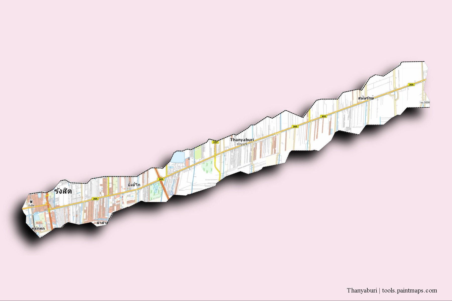 Thanyaburi neighborhoods and villages map with 3D shadow effect