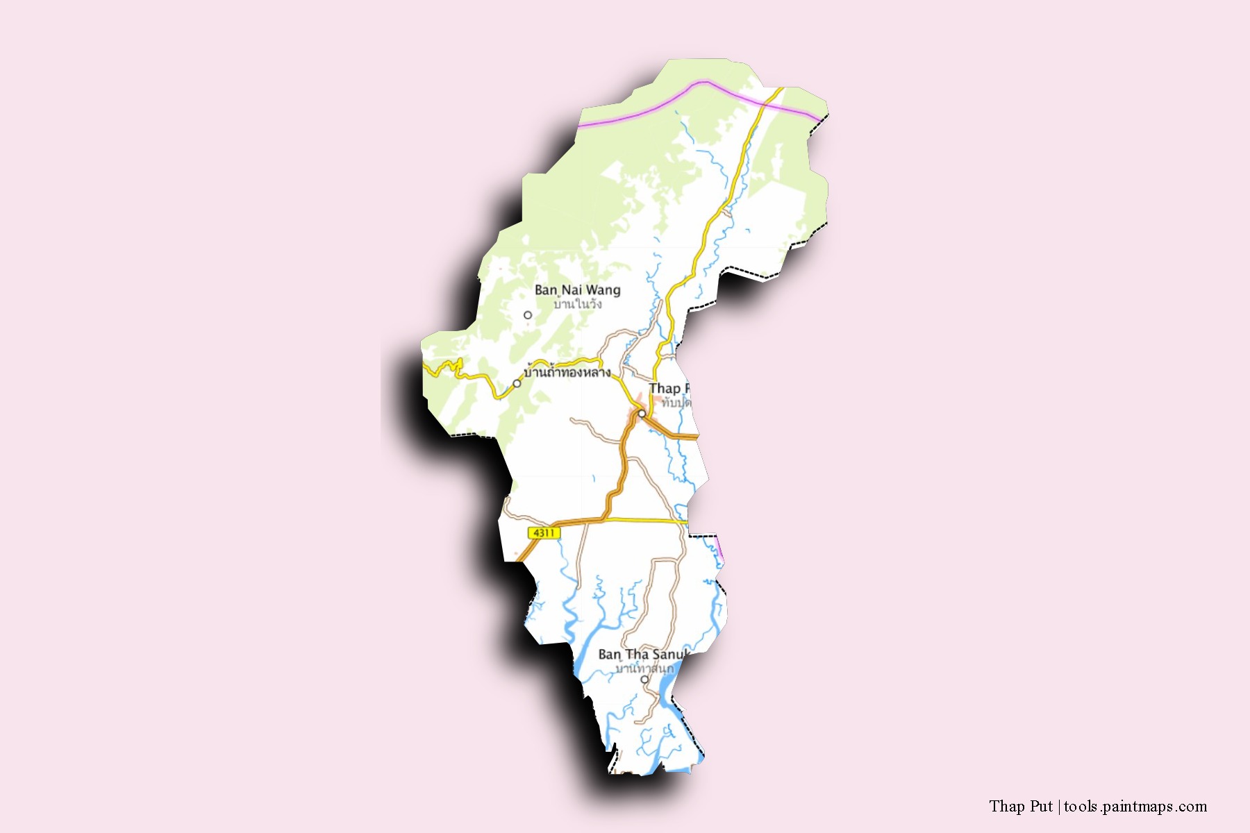 Mapa de barrios y pueblos de Thap Put con efecto de sombra 3D