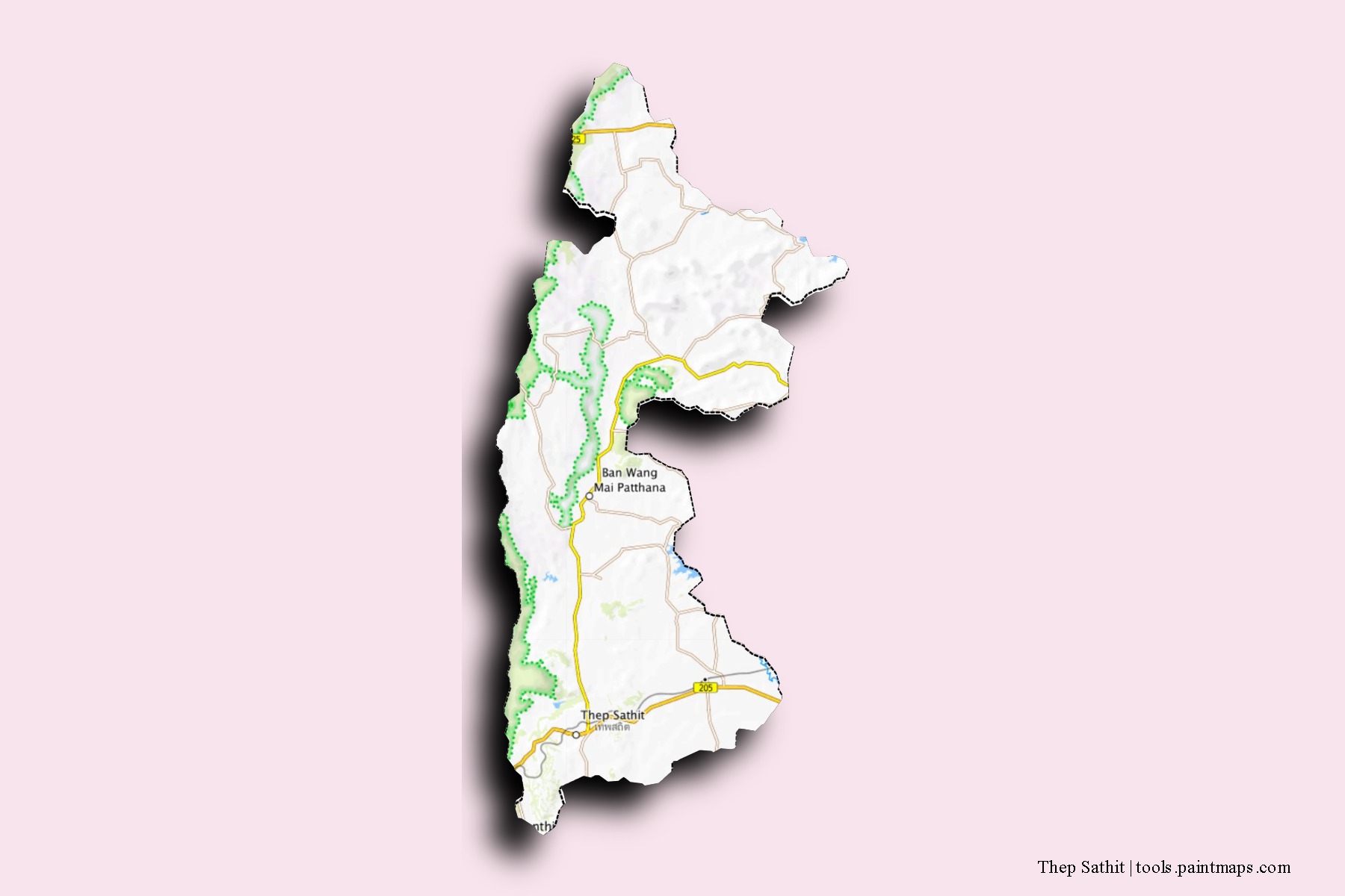 Mapa de barrios y pueblos de Thep Sathit con efecto de sombra 3D