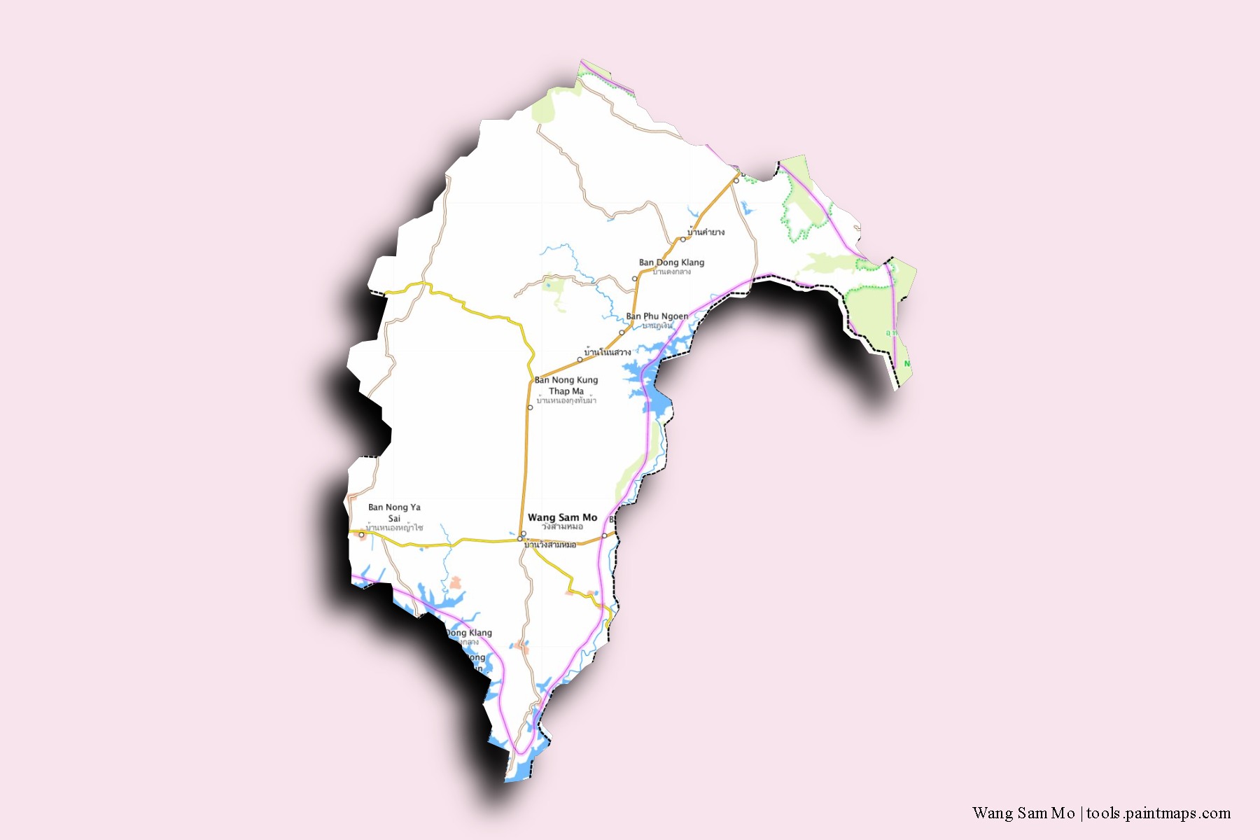 Mapa de barrios y pueblos de Wang Sam Mo con efecto de sombra 3D