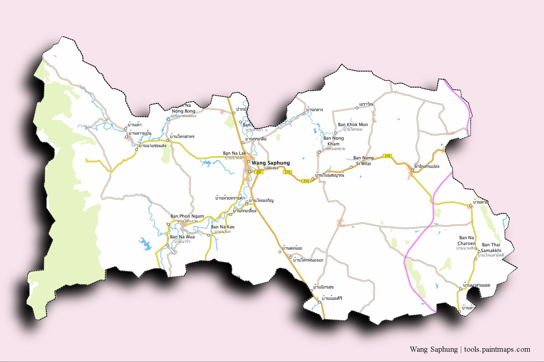 Mapa de barrios y pueblos de Wang Saphung con efecto de sombra 3D