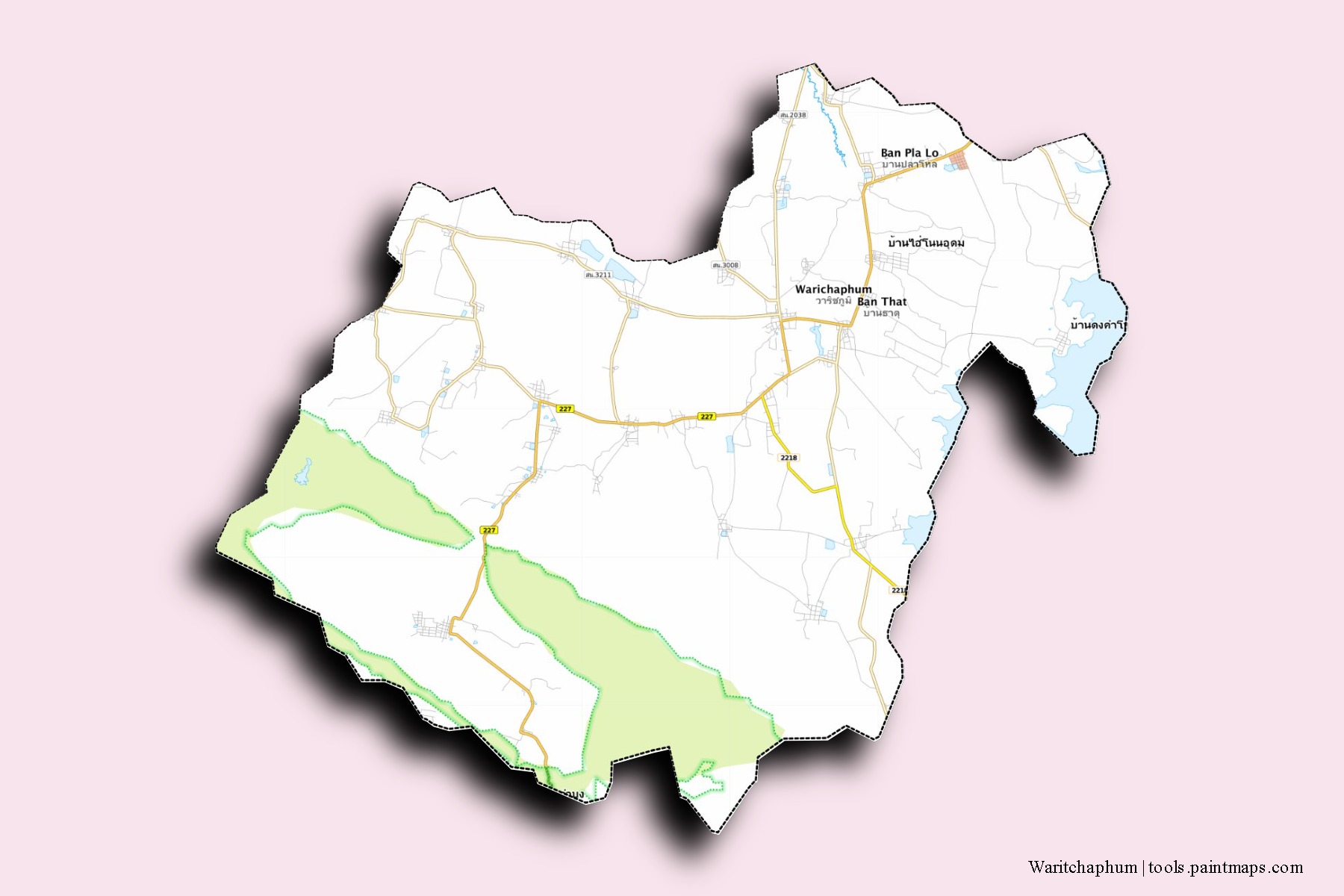 Mapa de barrios y pueblos de Waritchaphum con efecto de sombra 3D