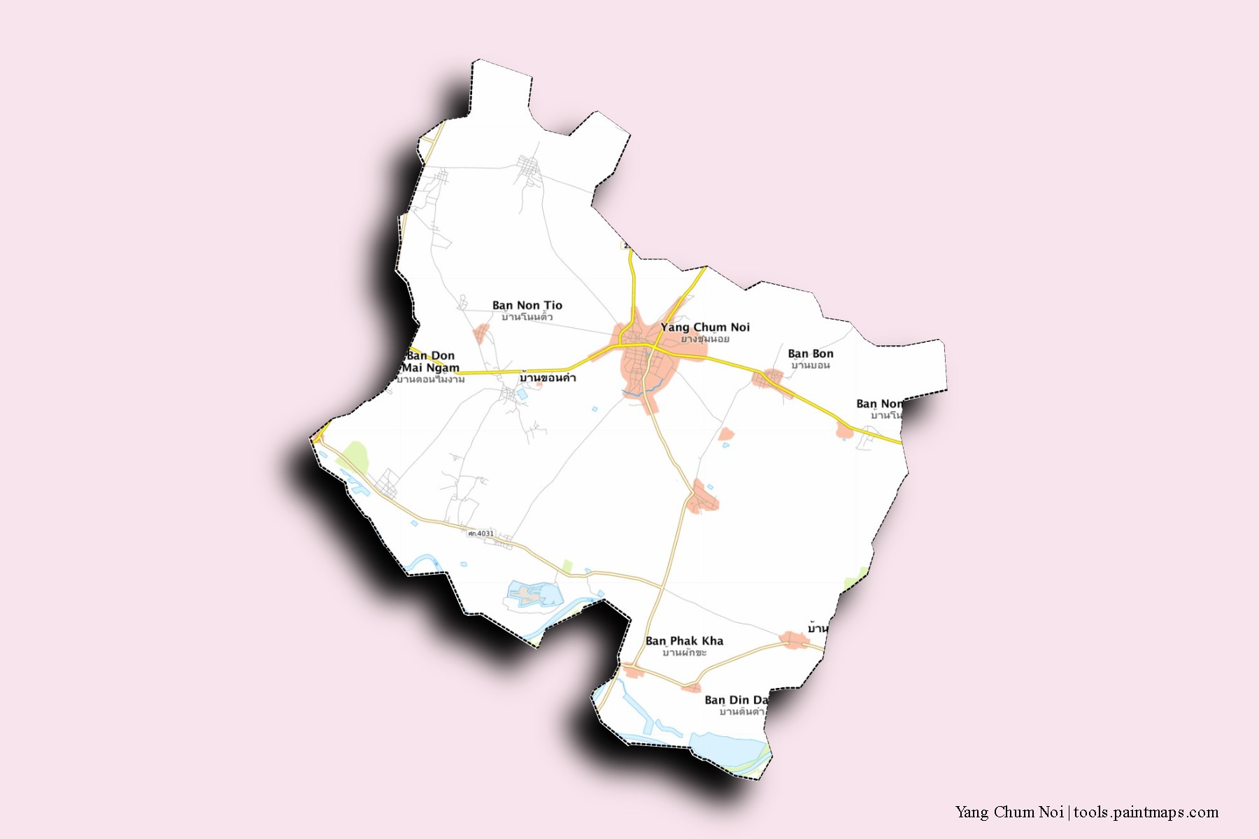 Mapa de barrios y pueblos de Yang Chum Noi con efecto de sombra 3D