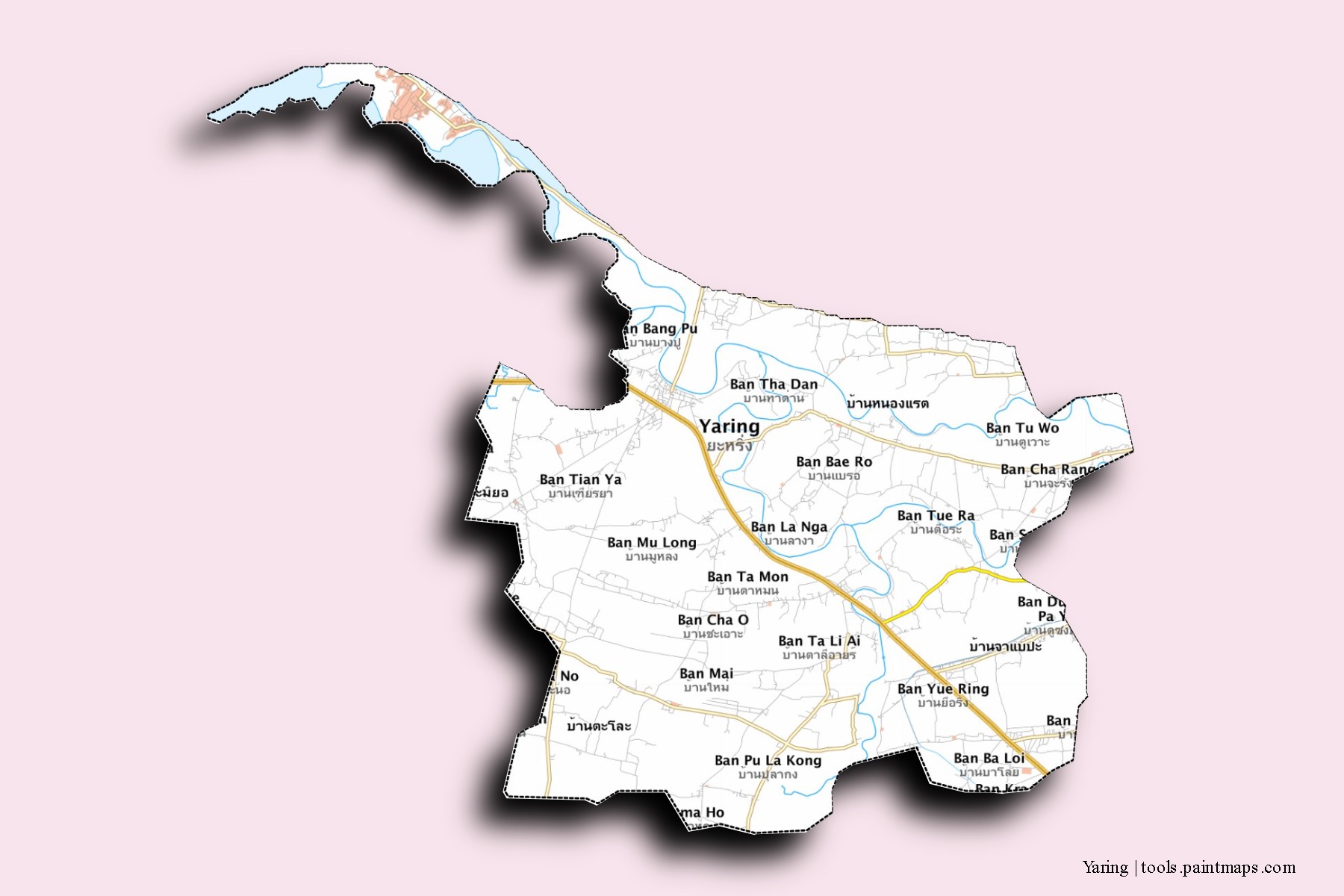 Mapa de barrios y pueblos de Yaring con efecto de sombra 3D