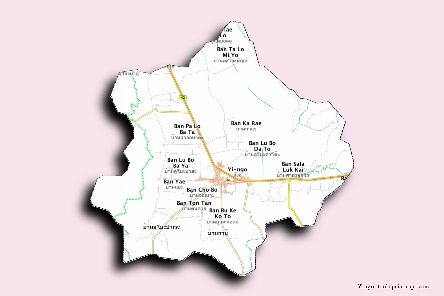 Mapa de barrios y pueblos de Yi-ngo con efecto de sombra 3D