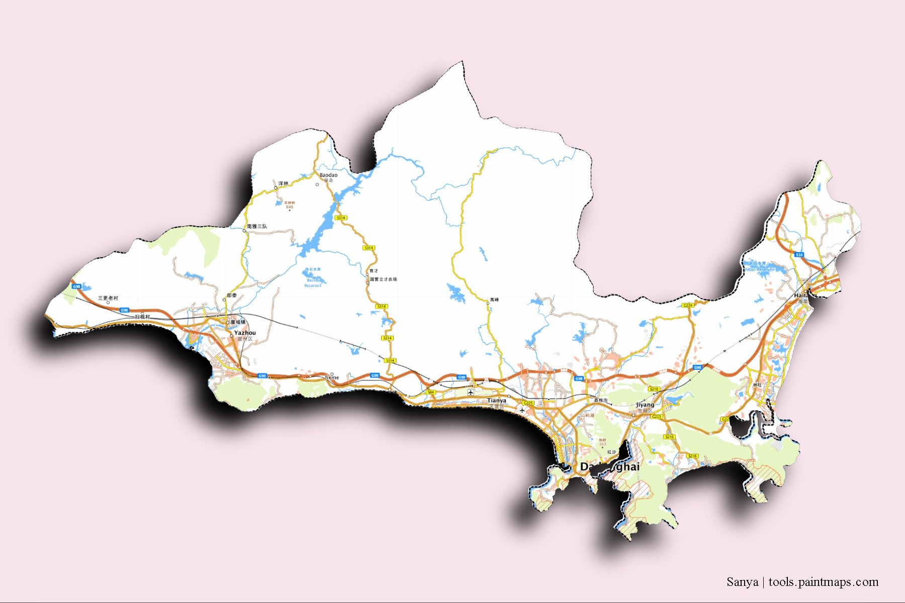 Sanya neighborhoods and villages map with 3D shadow effect