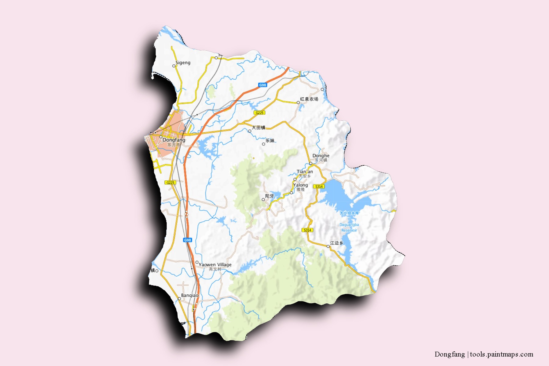 Mapa de barrios y pueblos de Dongfang con efecto de sombra 3D