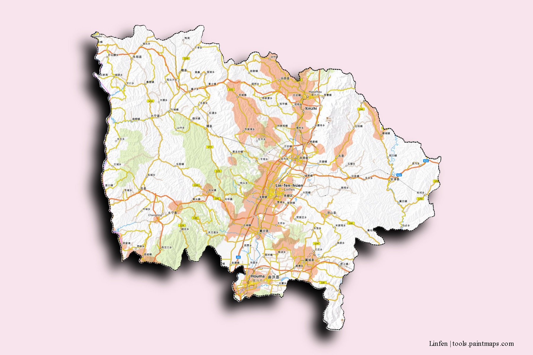 Linfen neighborhoods and villages map with 3D shadow effect