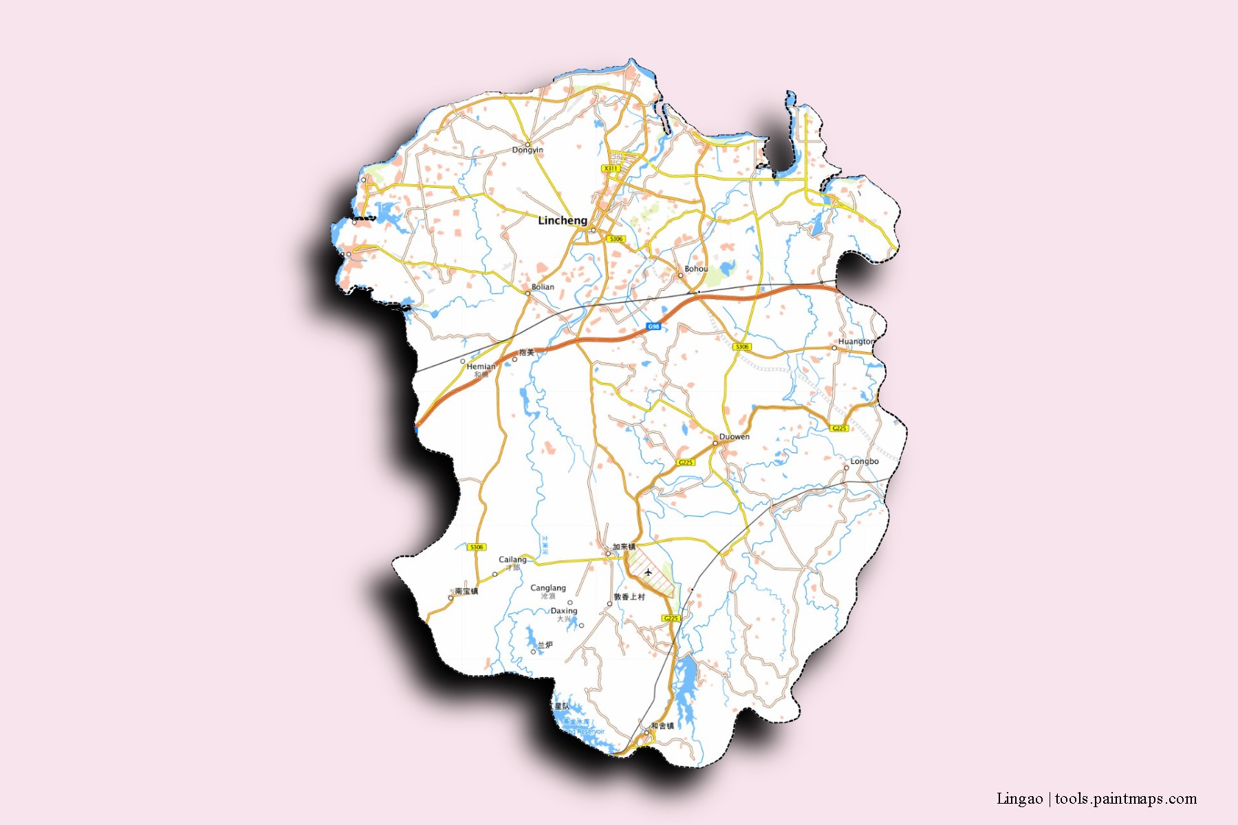 Mapa de barrios y pueblos de Lingao con efecto de sombra 3D