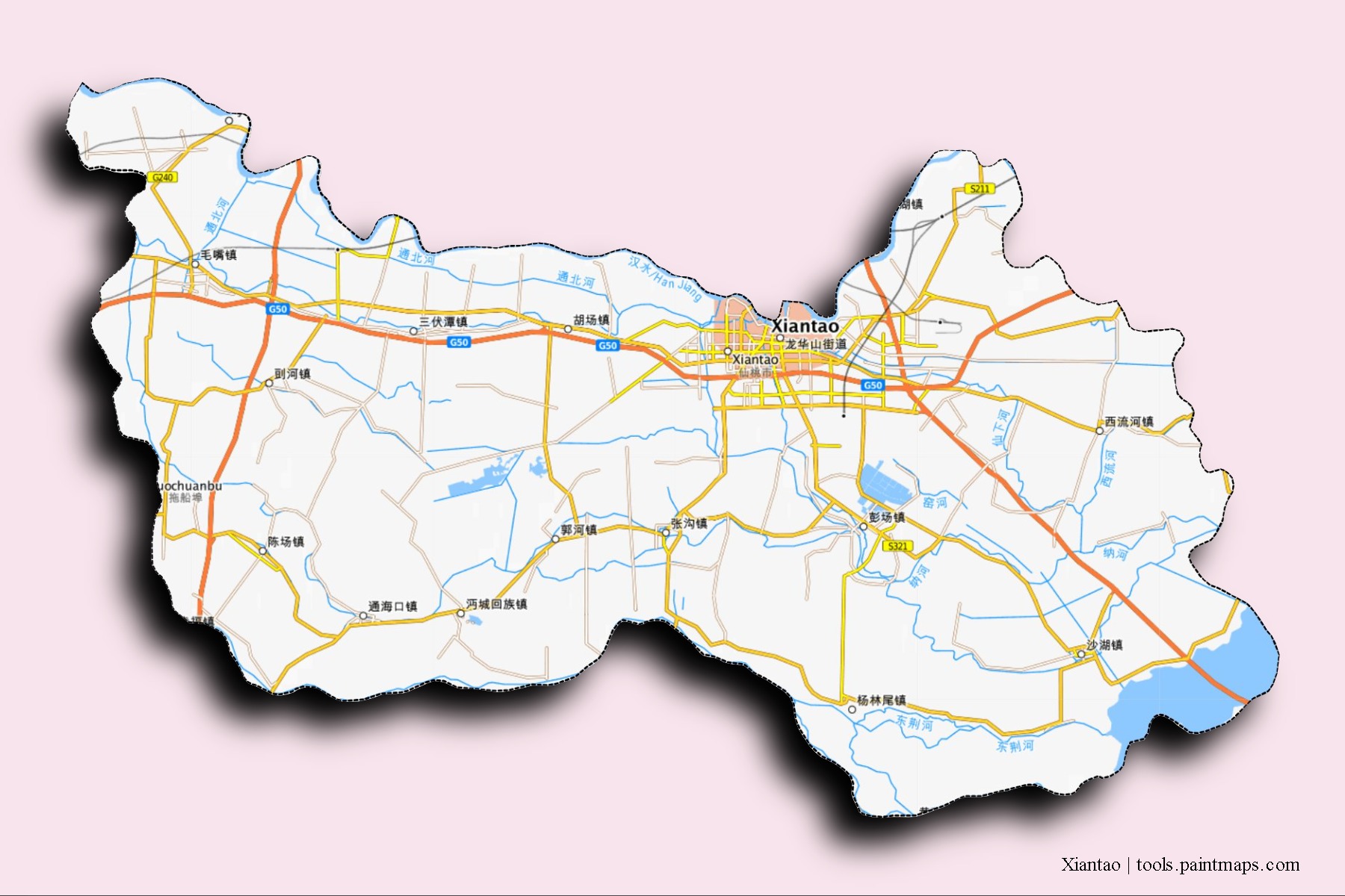 Mapa de barrios y pueblos de Xiantao con efecto de sombra 3D