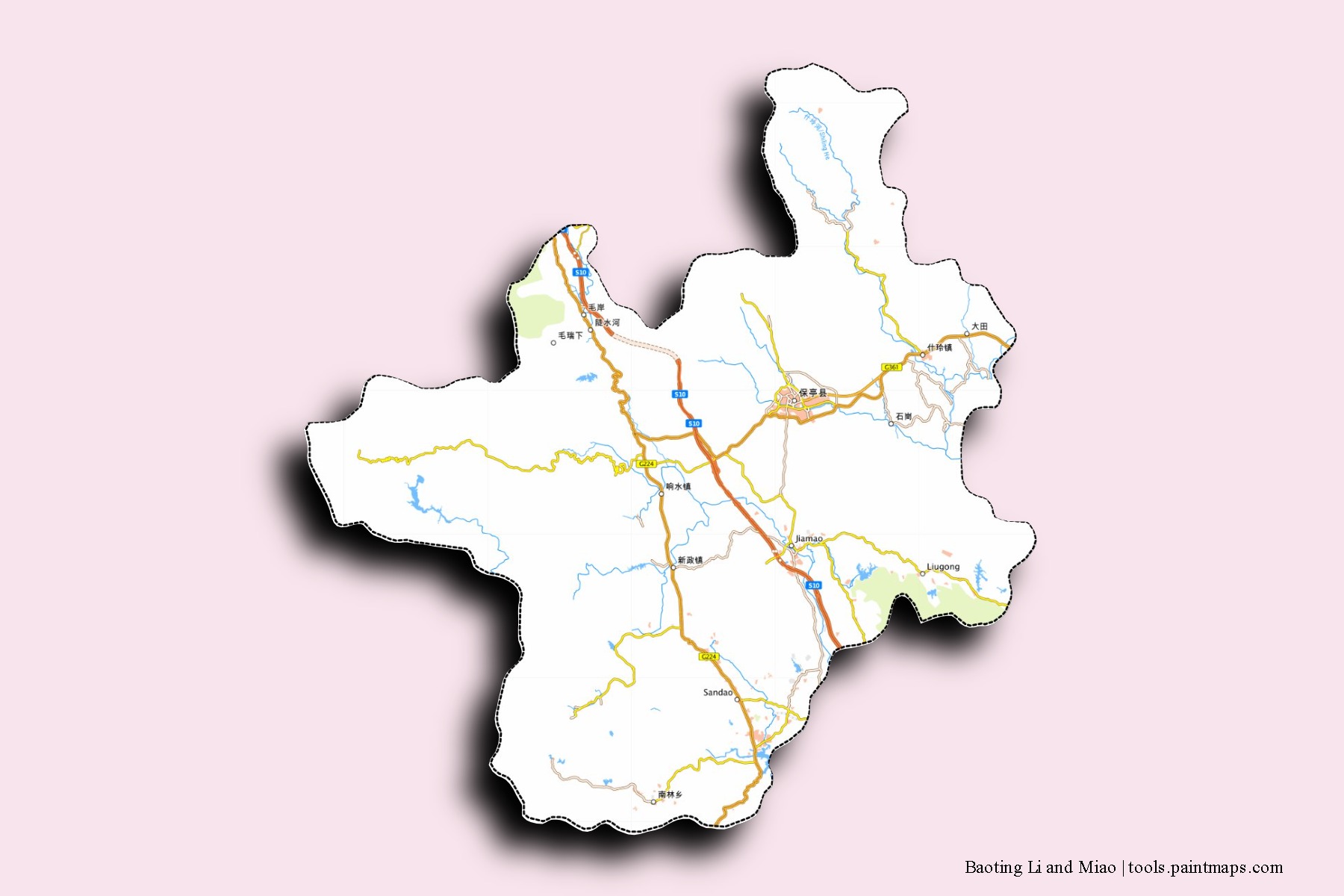 Mapa de barrios y pueblos de Baoting Li and Miao con efecto de sombra 3D