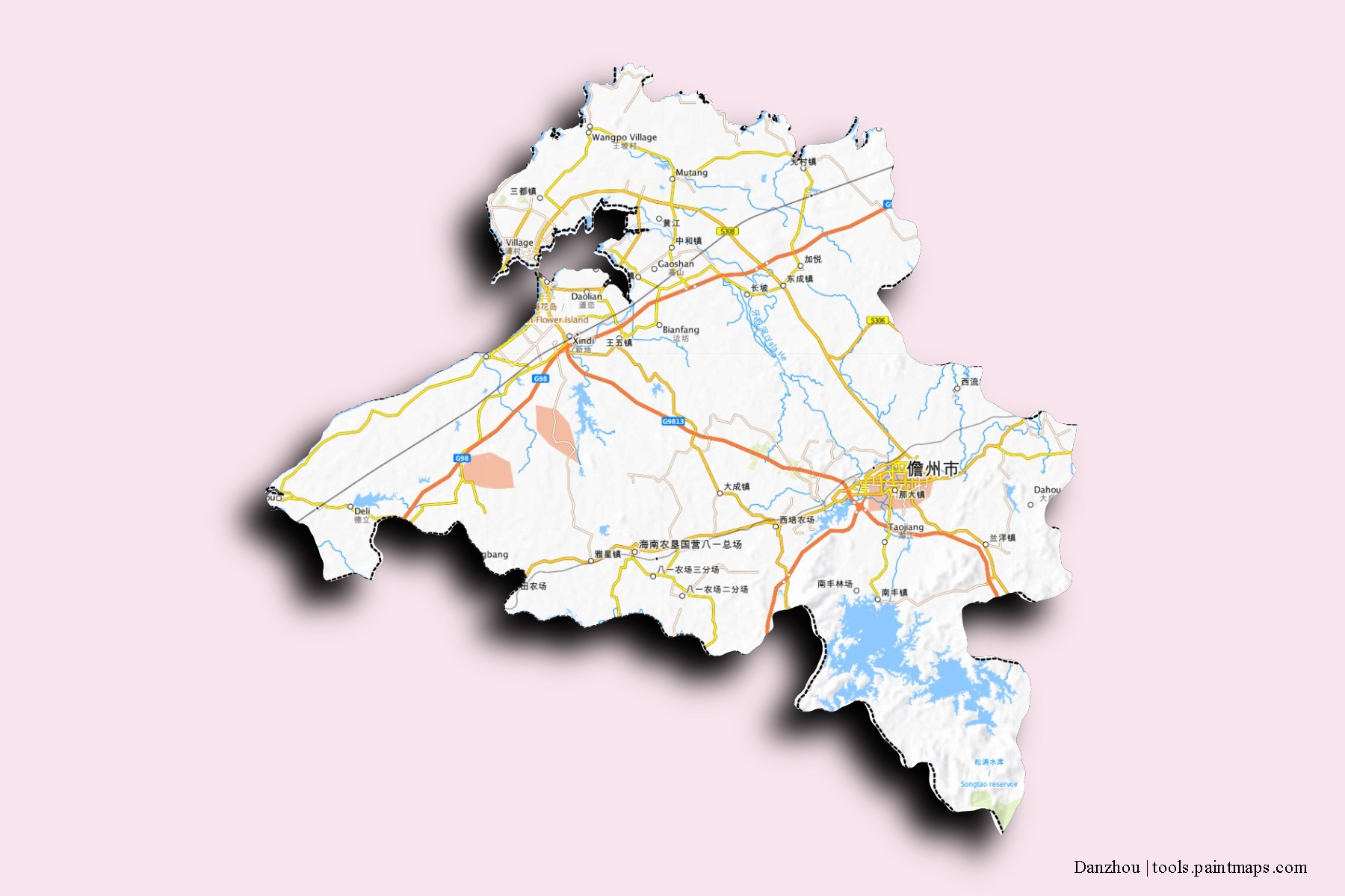 Mapa de barrios y pueblos de Danzhou con efecto de sombra 3D