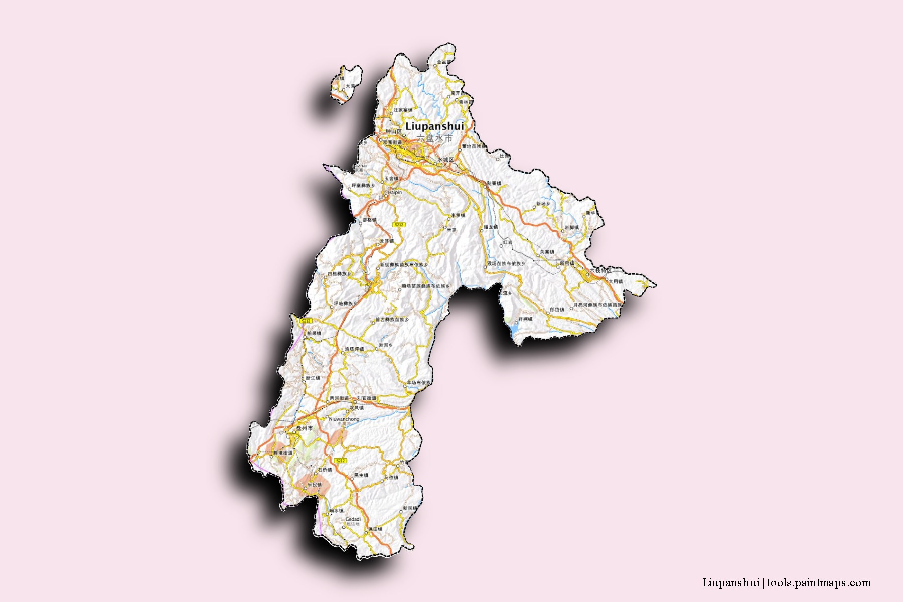 Mapa de barrios y pueblos de Liupanshui con efecto de sombra 3D