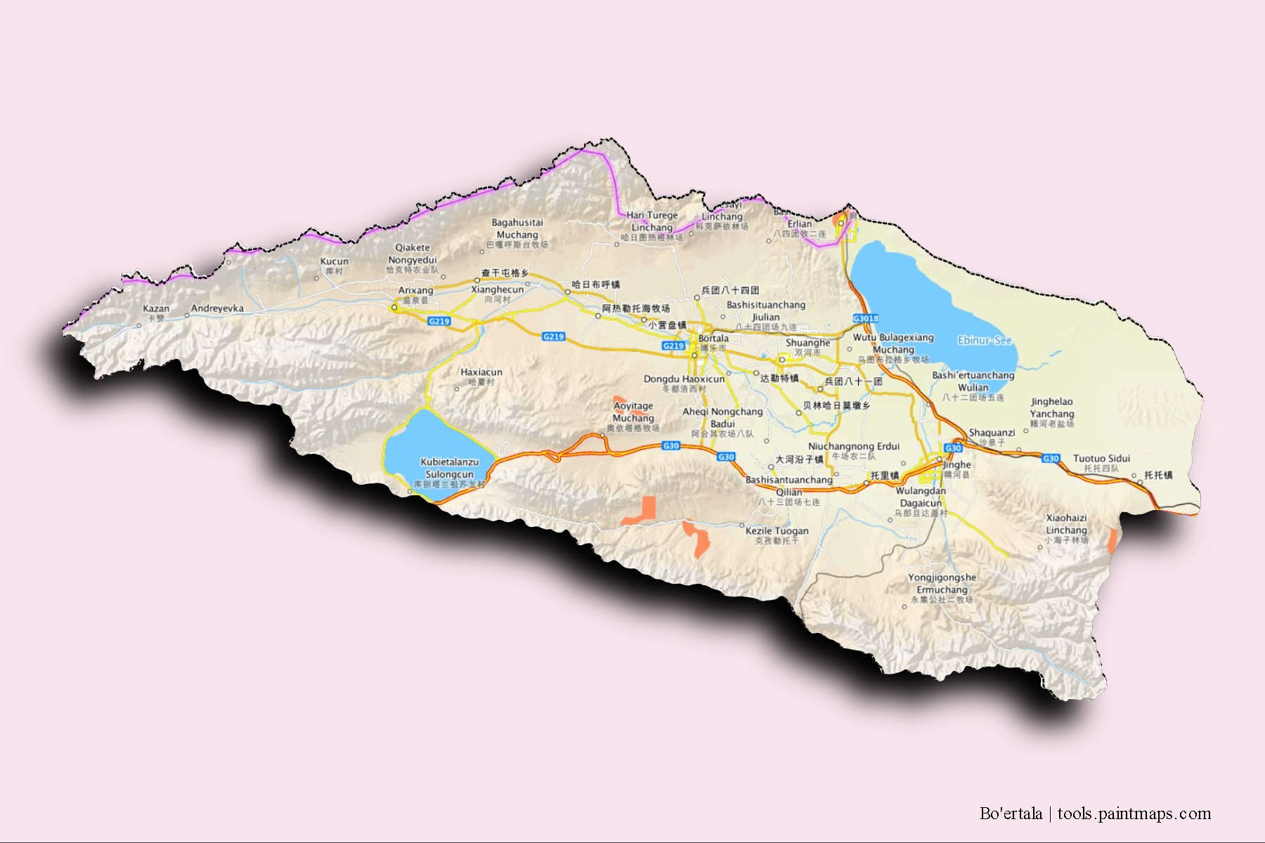 Boertala Menggu neighborhoods and villages map with 3D shadow effect