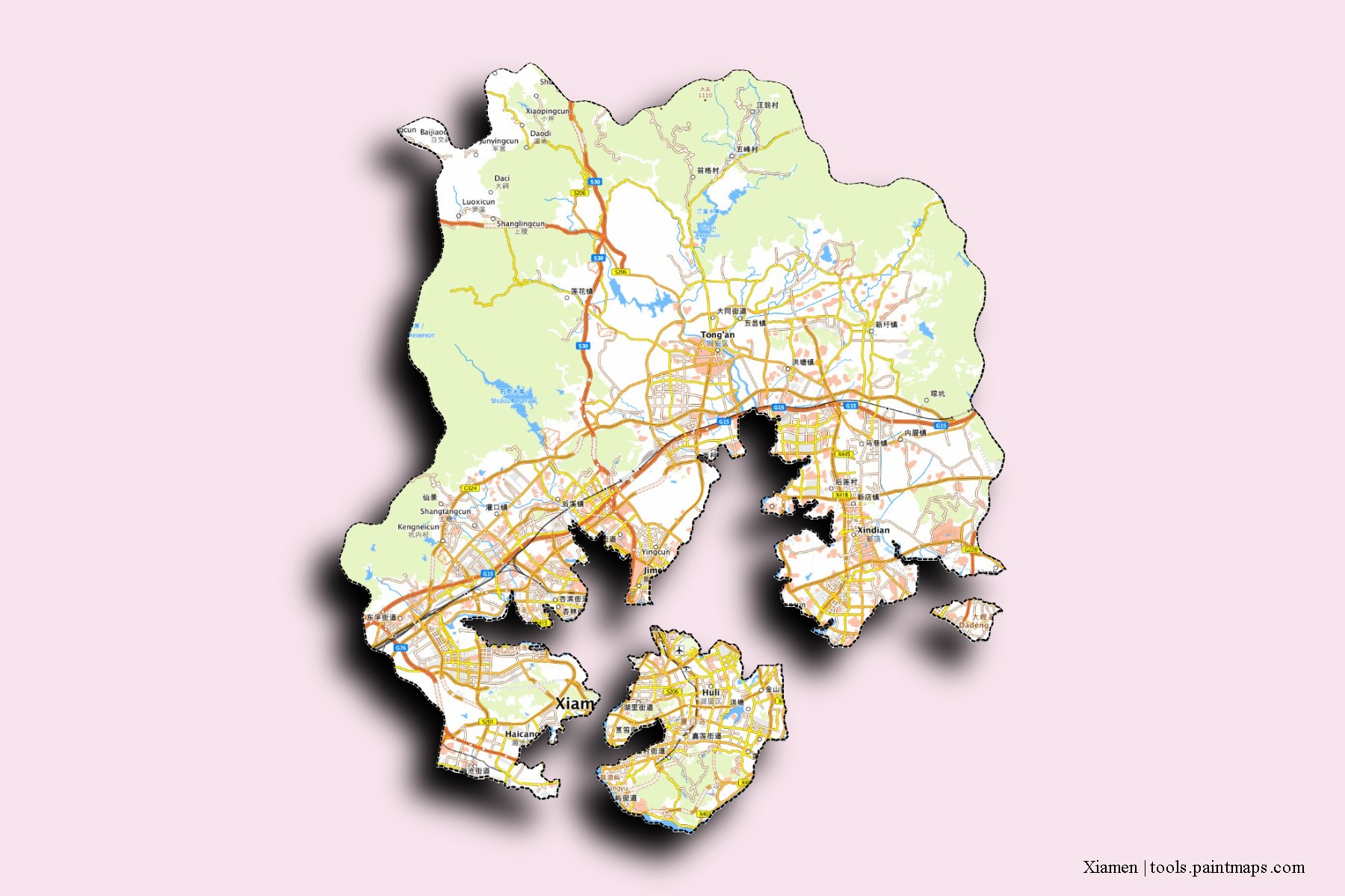 Xiamen neighborhoods and villages map with 3D shadow effect