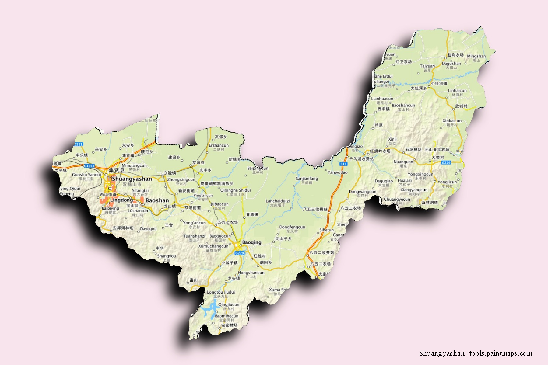 Mapa de barrios y pueblos de Shuangyashan con efecto de sombra 3D