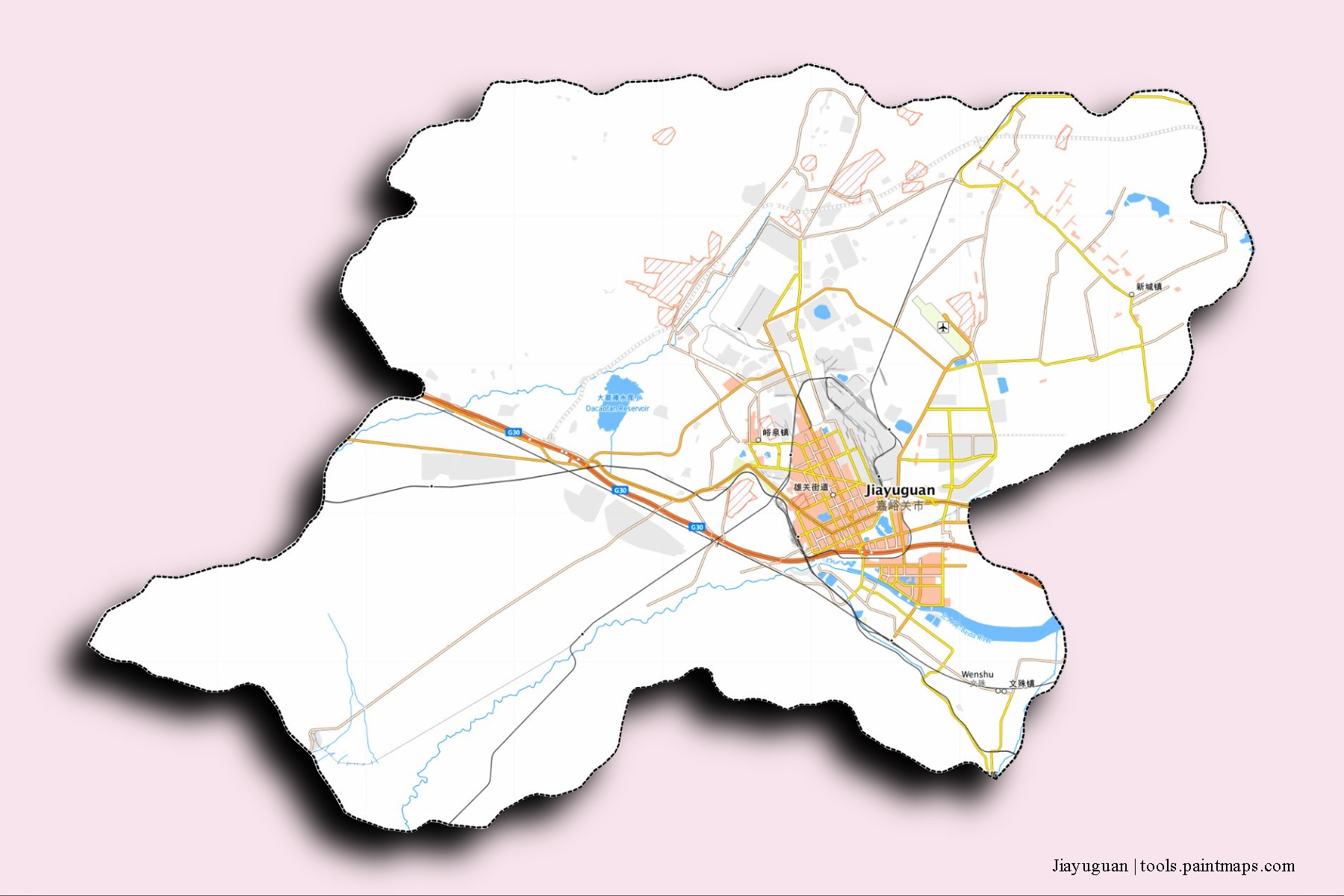 Mapa de barrios y pueblos de Jiayuguan con efecto de sombra 3D