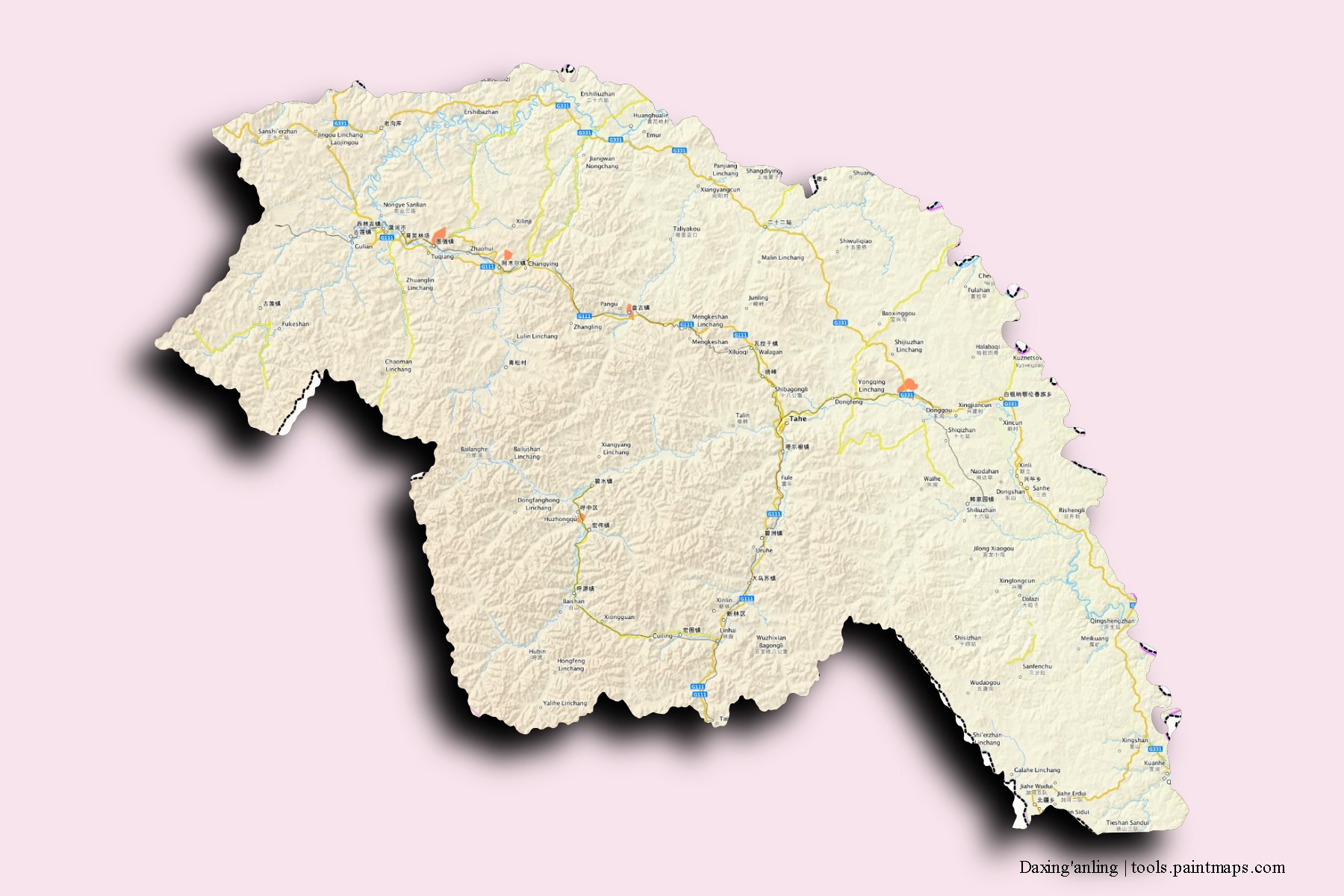 Mapa de barrios y pueblos de Daxing'anling con efecto de sombra 3D