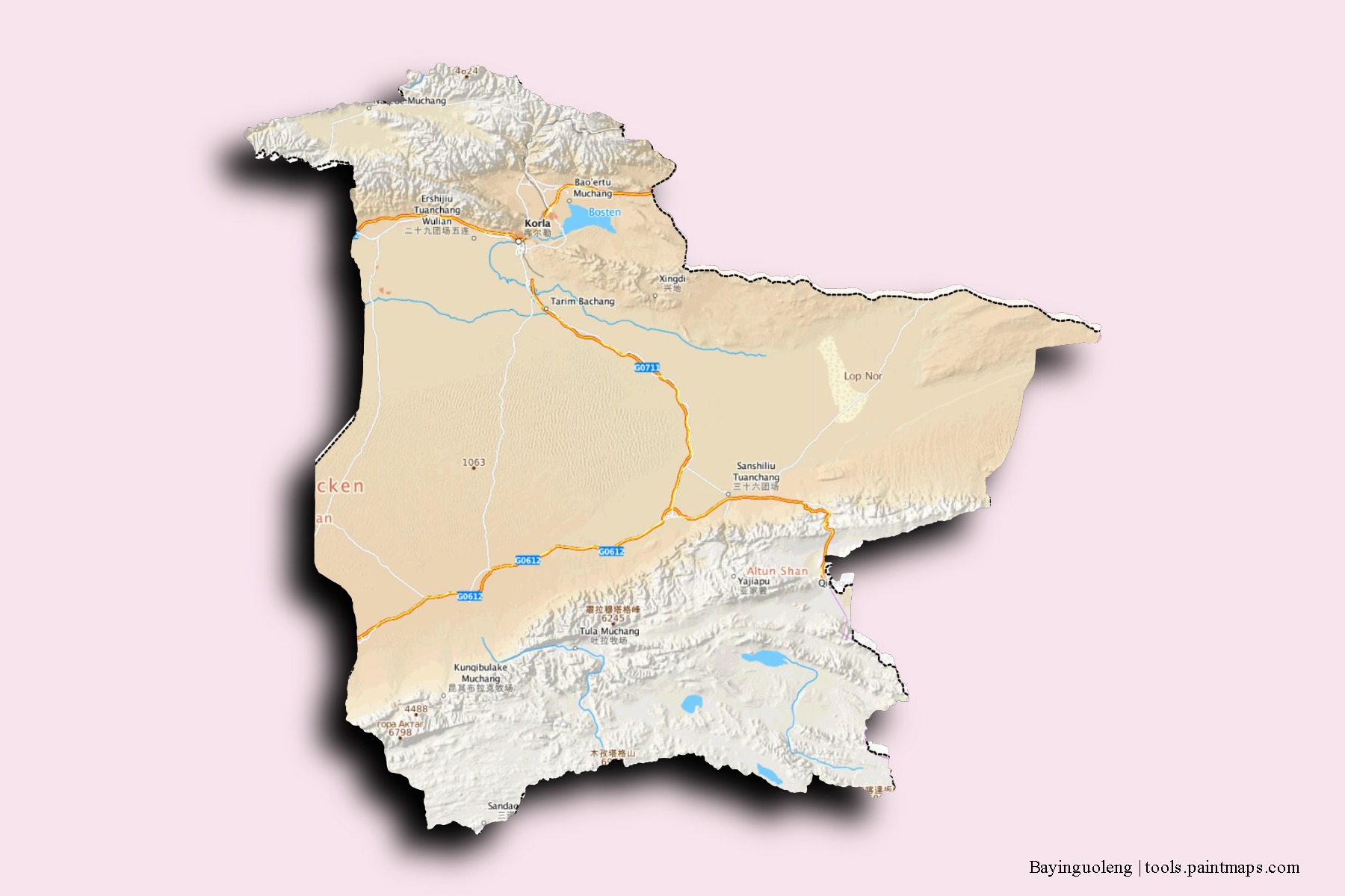 Bayinguoleng Menggu neighborhoods and villages map with 3D shadow effect