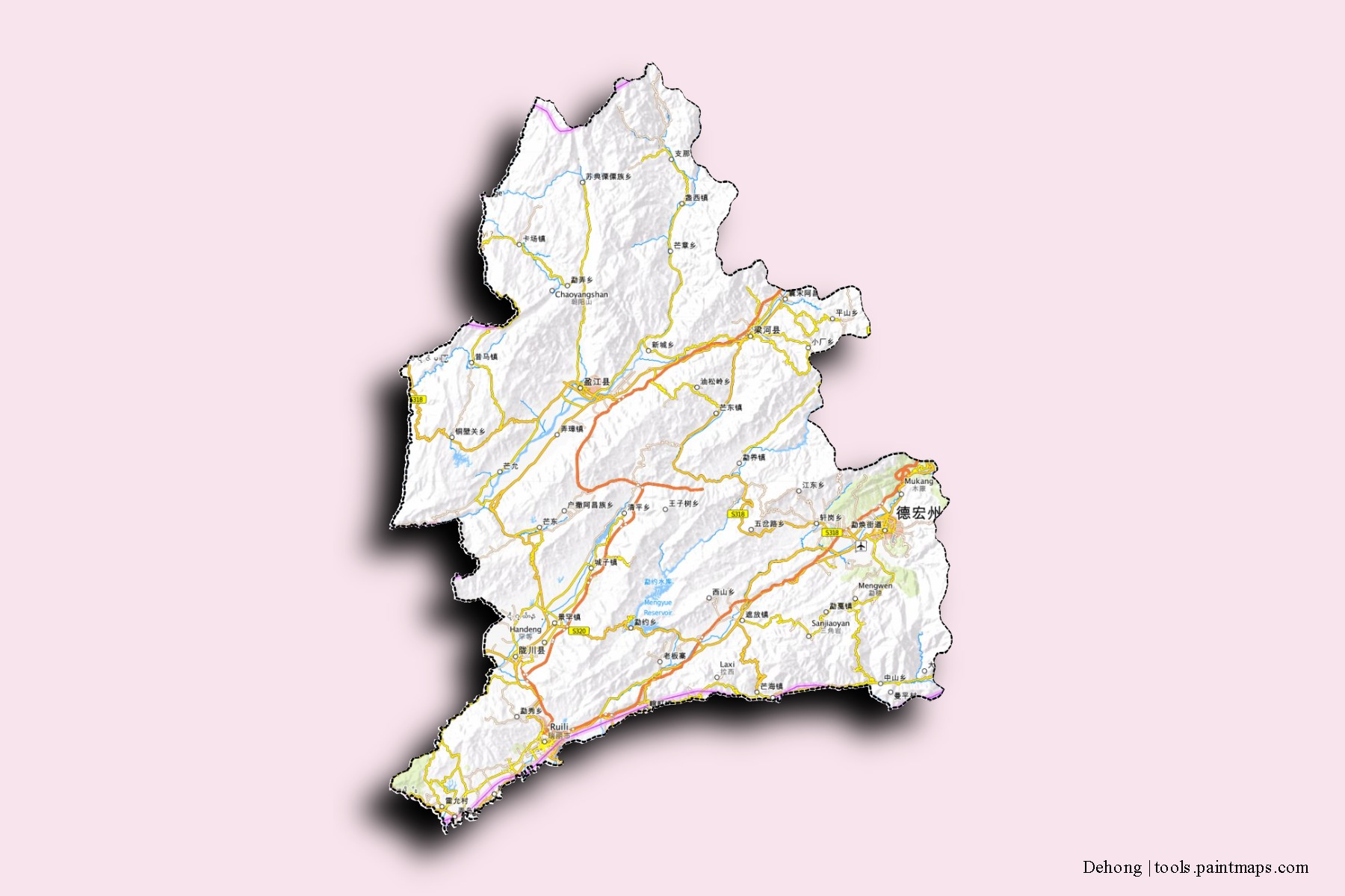 Mapa de barrios y pueblos de Dehong con efecto de sombra 3D