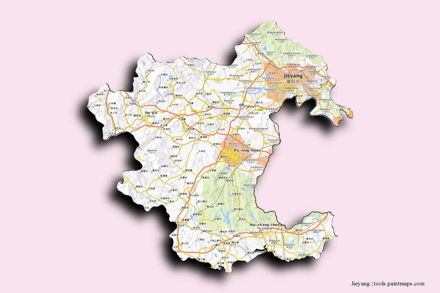 Mapa de barrios y pueblos de Jieyang con efecto de sombra 3D